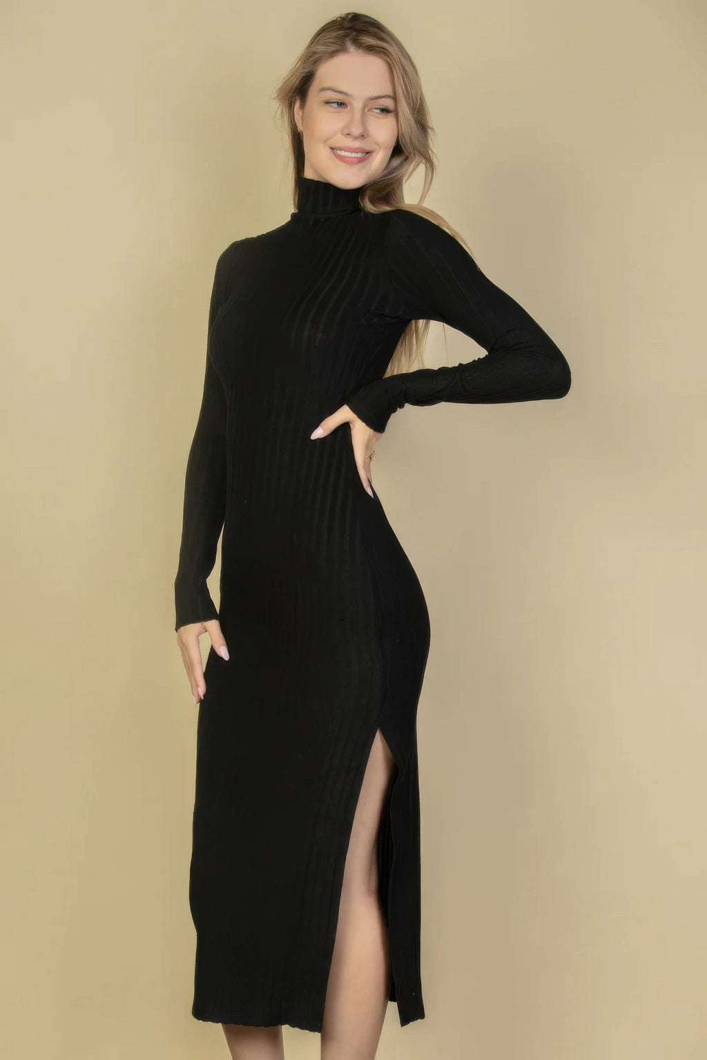 Black ribbed knit turtleneck midi dress with side slit and fitted long sleeves