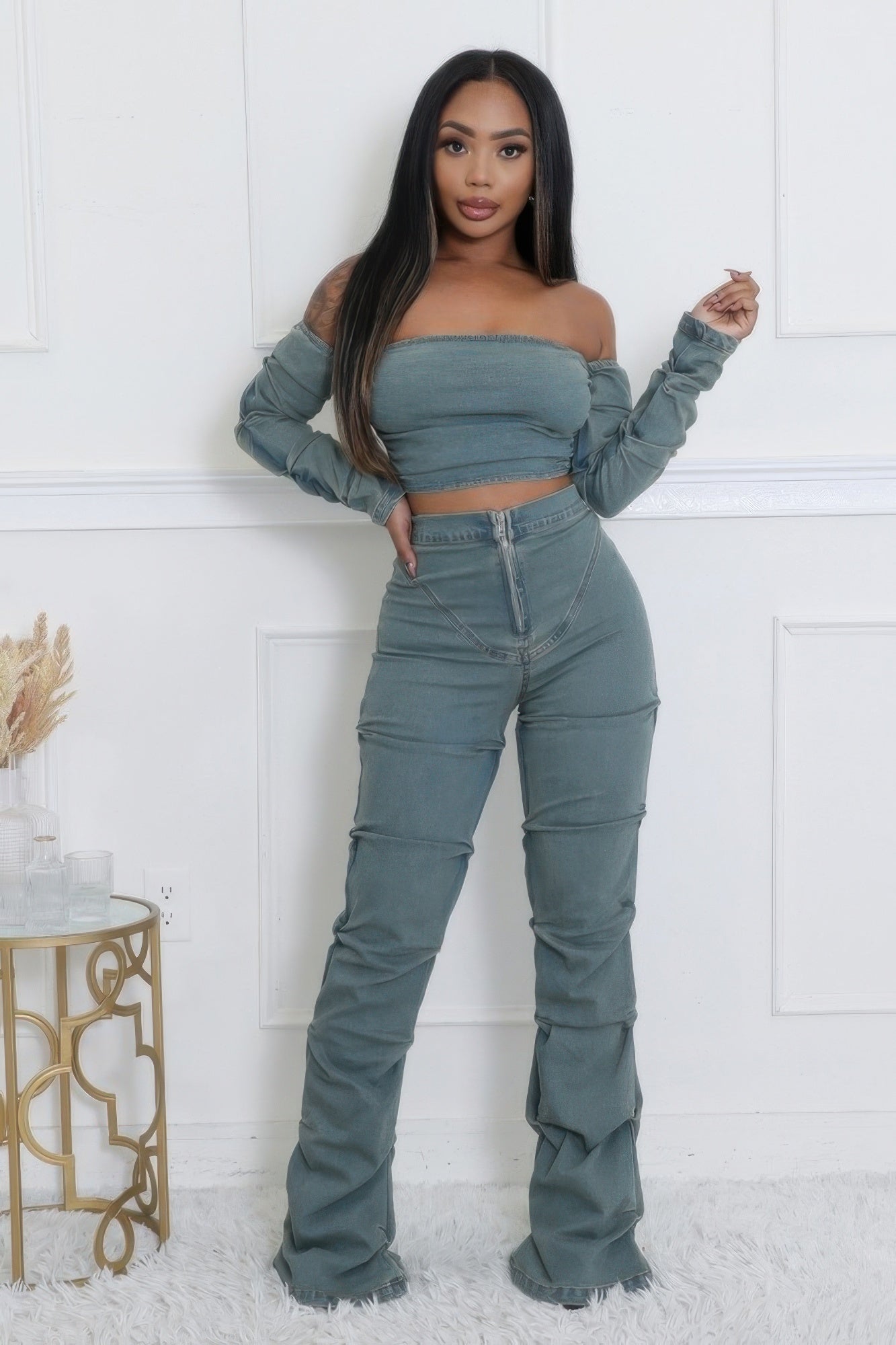 Denim Off The Shoulder Stretch Pant Set - Tigbul's Variety Fashion Shop