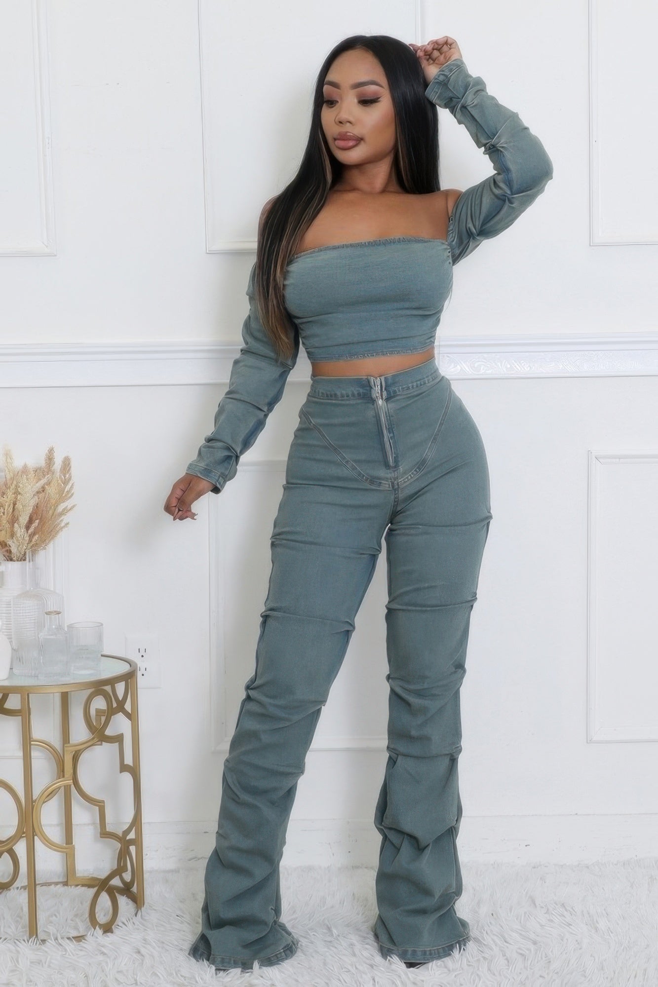 Denim Off The Shoulder Stretch Pant Set - Tigbul's Variety Fashion Shop