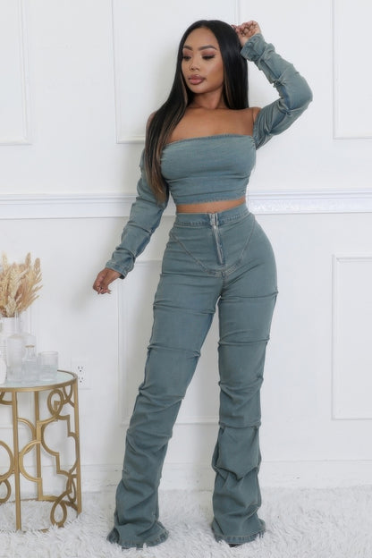 Denim Off The Shoulder Stretch Pant Set - Tigbul's Variety Fashion Shop