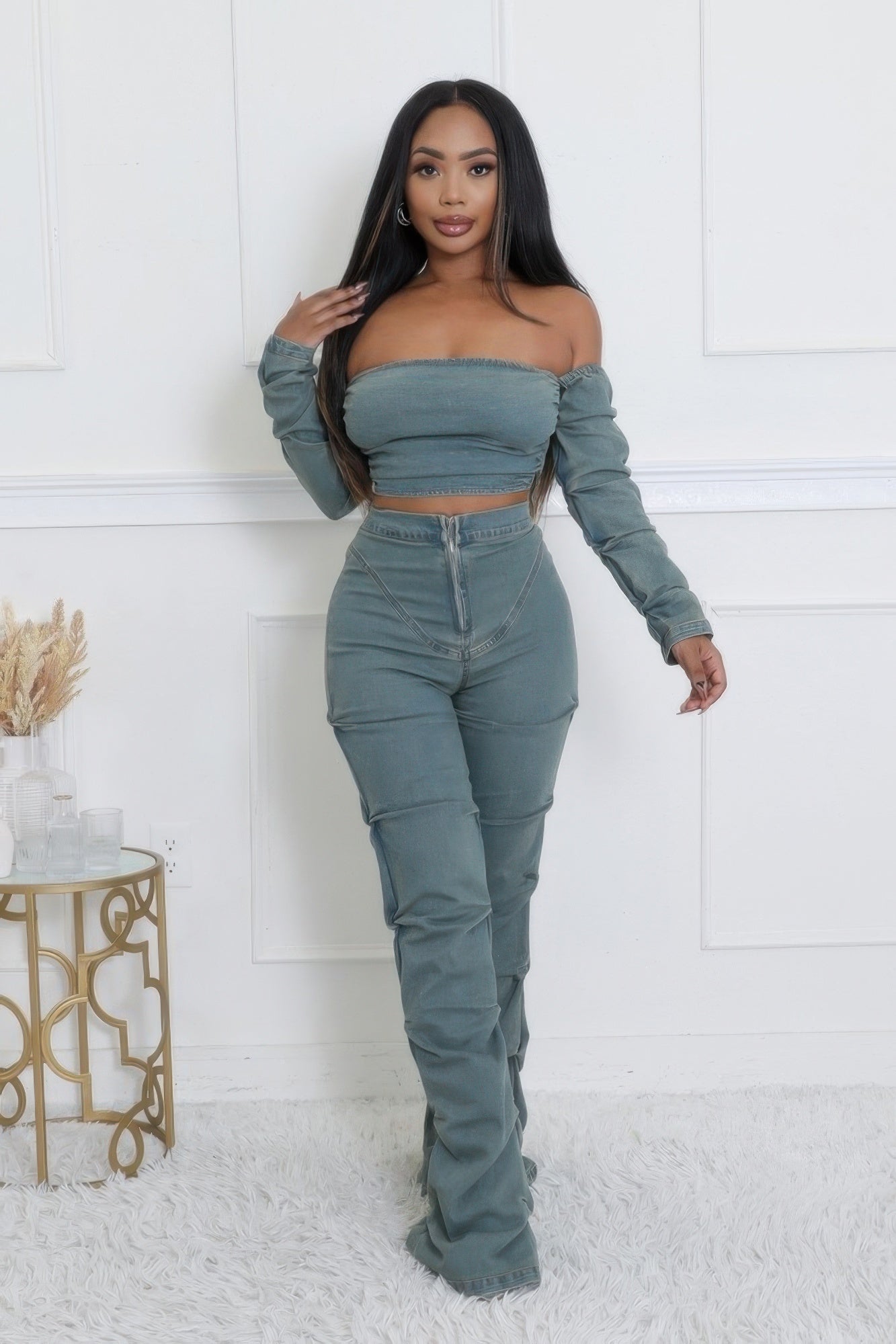 Denim Off The Shoulder Stretch Pant Set - Tigbul's Variety Fashion Shop