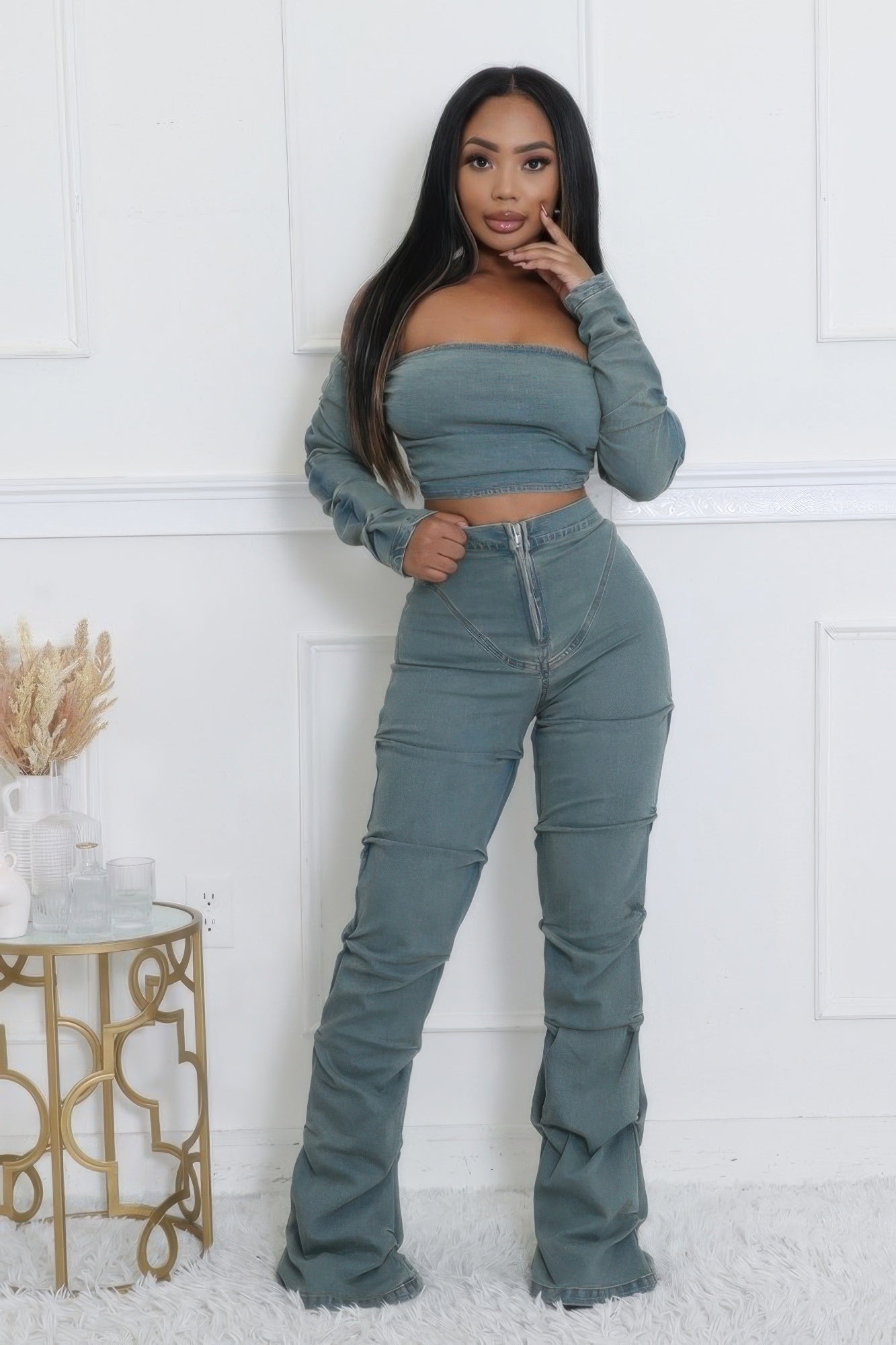 Denim Off The Shoulder Stretch Pant Set - Tigbul's Variety Fashion Shop