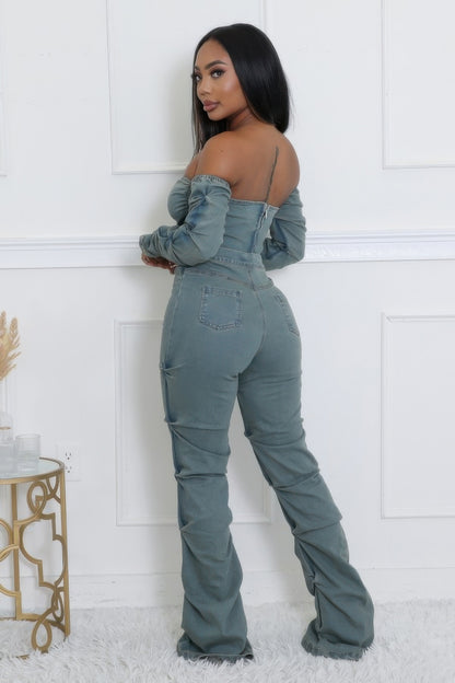 Denim Off The Shoulder Stretch Pant Set - Tigbul's Variety Fashion Shop