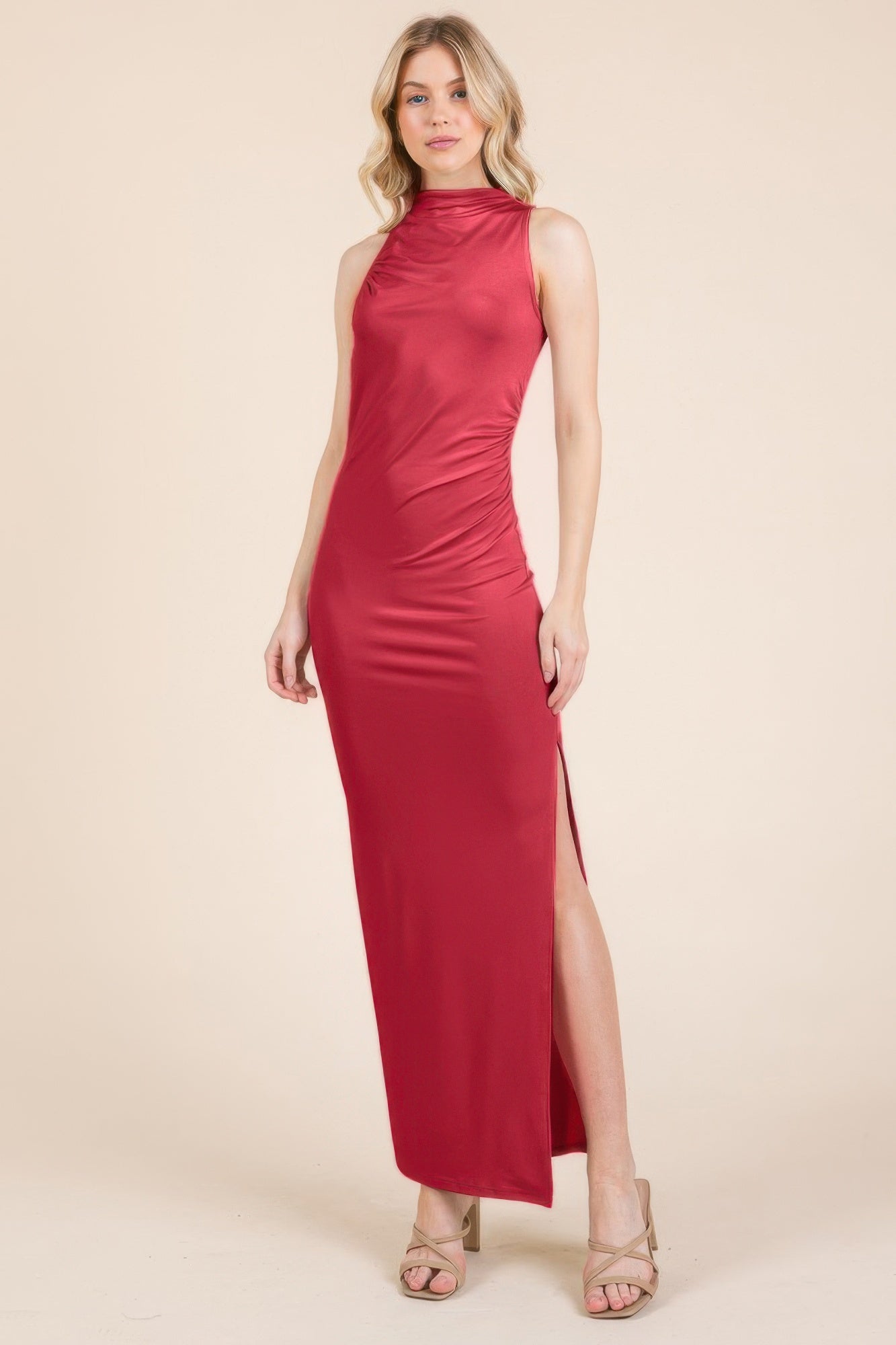 Rosy Chic sleeveless maxi dress with high collar, side shirring, and slit