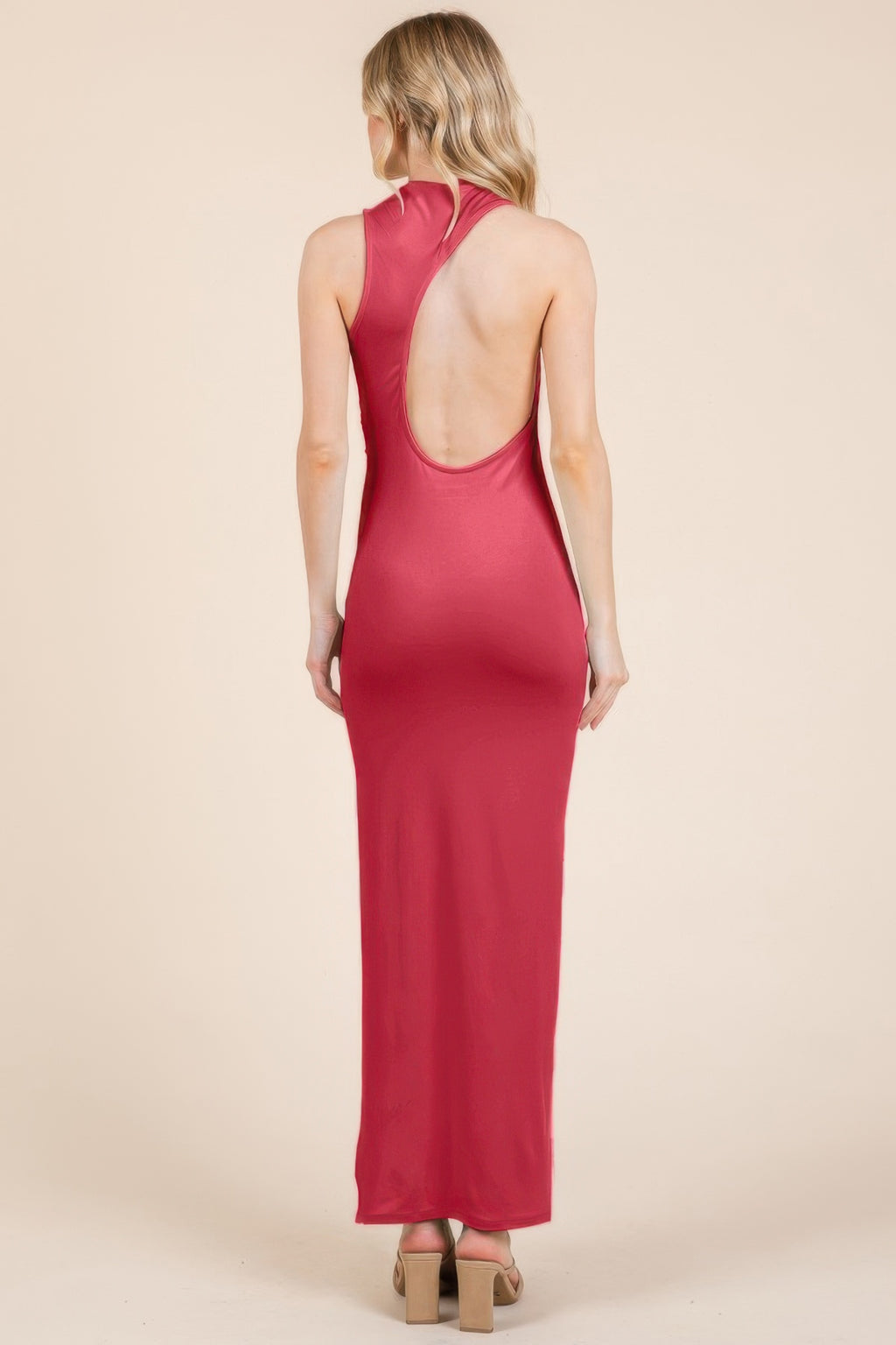 Rosy red maxi dress back view with open oval cutout and smooth drape