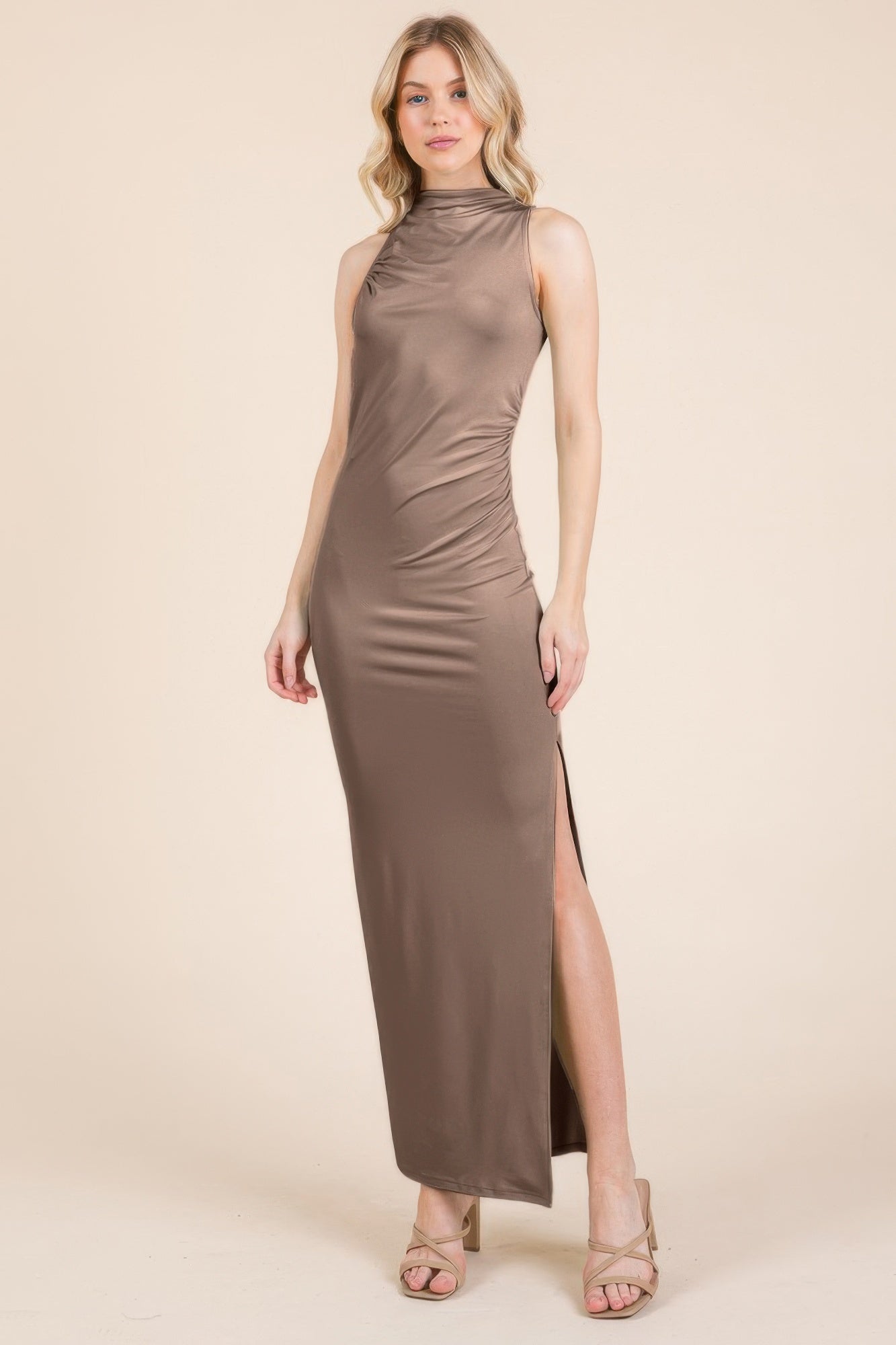 New taupe maxi dress with sleeveless high neck and side shirring