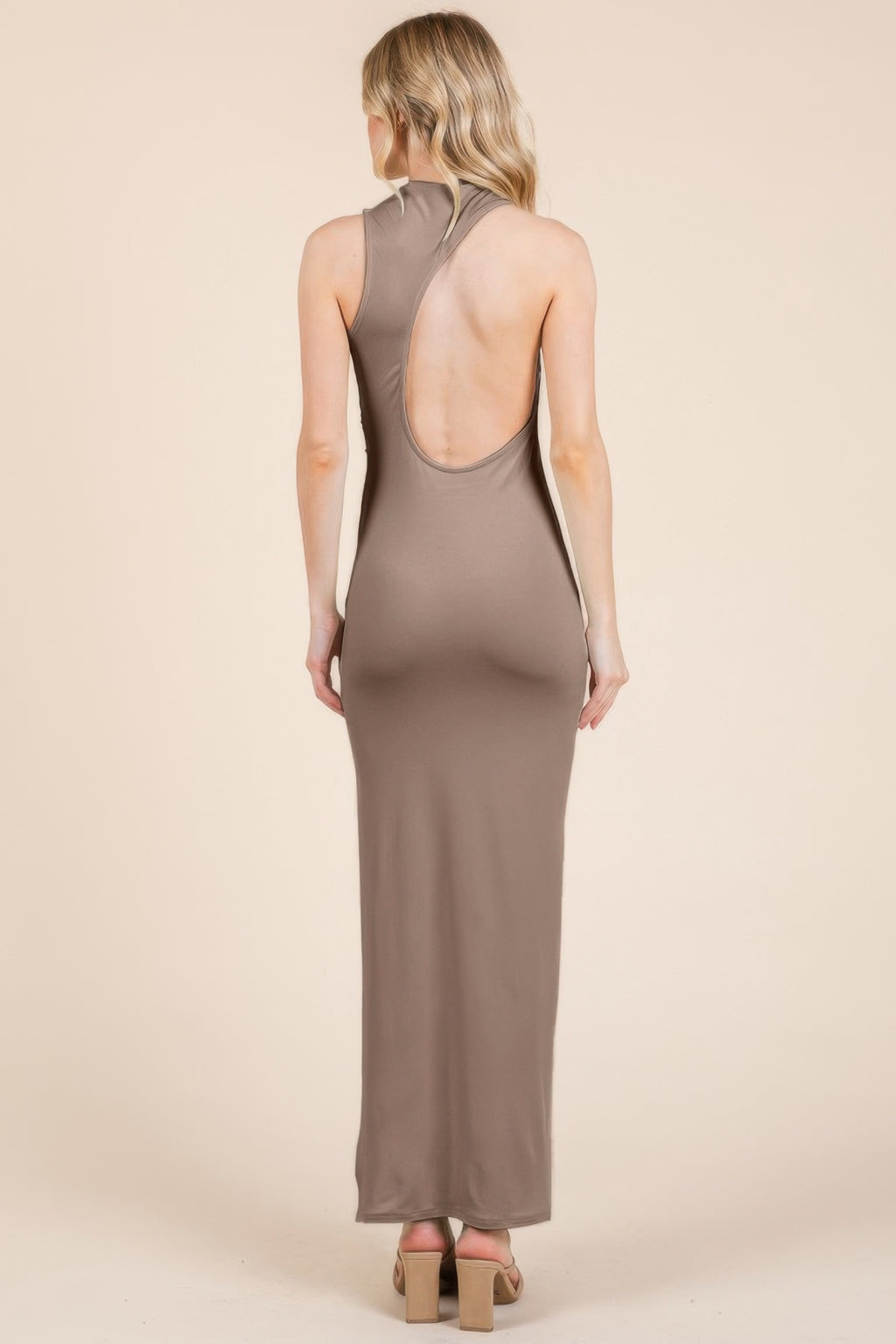 New taupe maxi dress back view with oval cutout and racer-style back