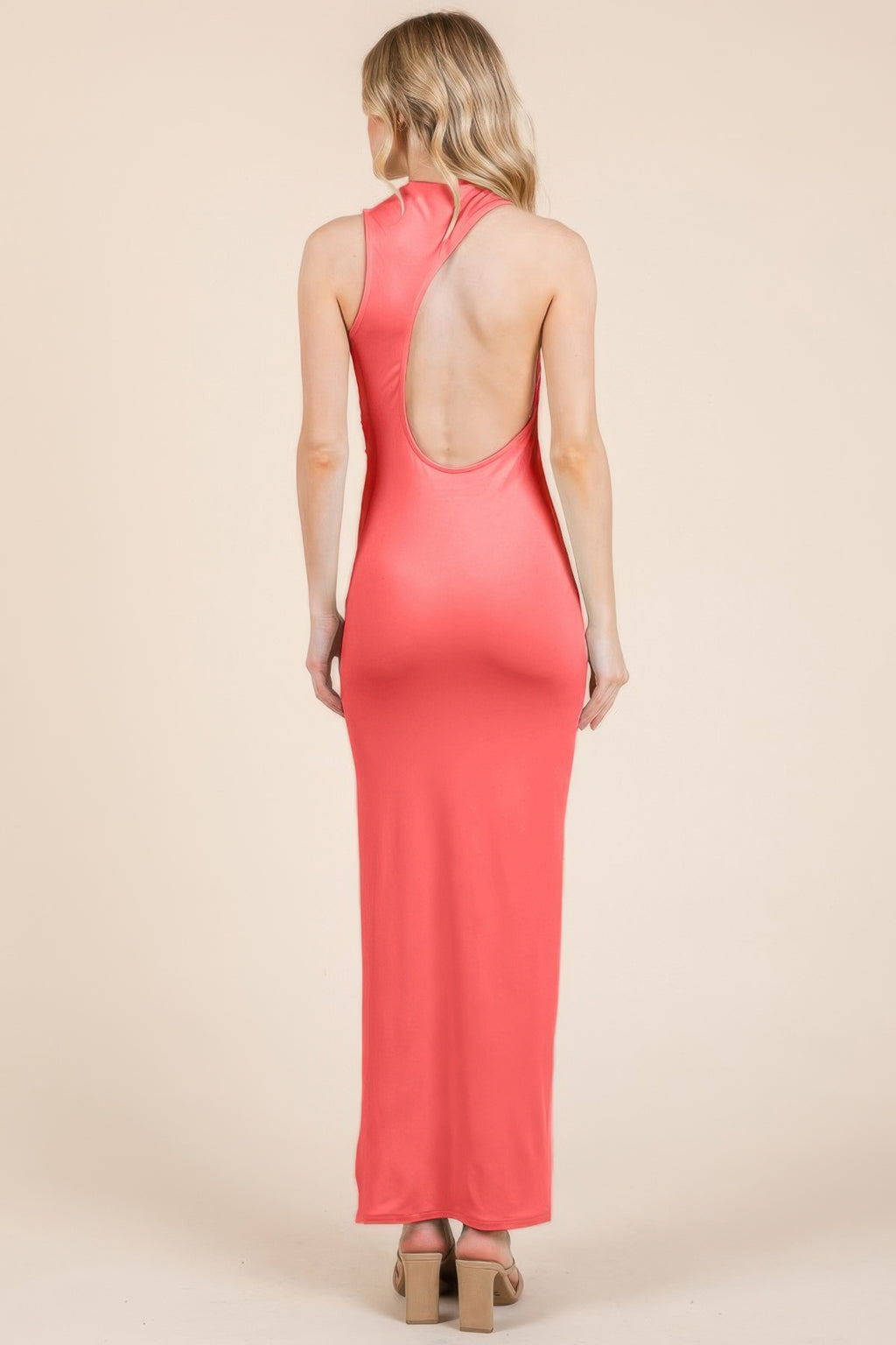 Rosy red maxi dress back view with oval cutout and scoop back
