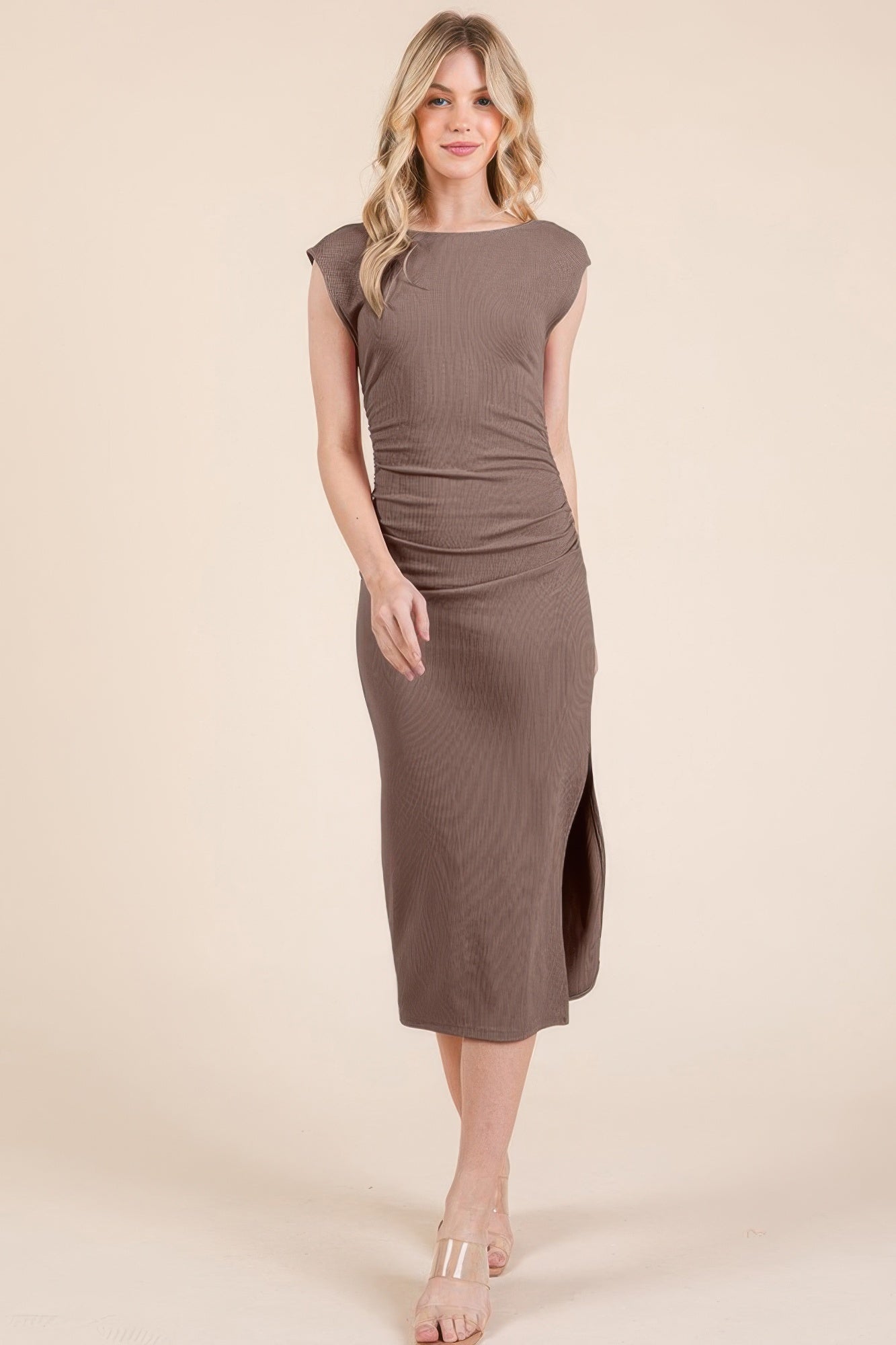 Light chocolate cap-sleeve boatneck midi dress with open back and ruched waist