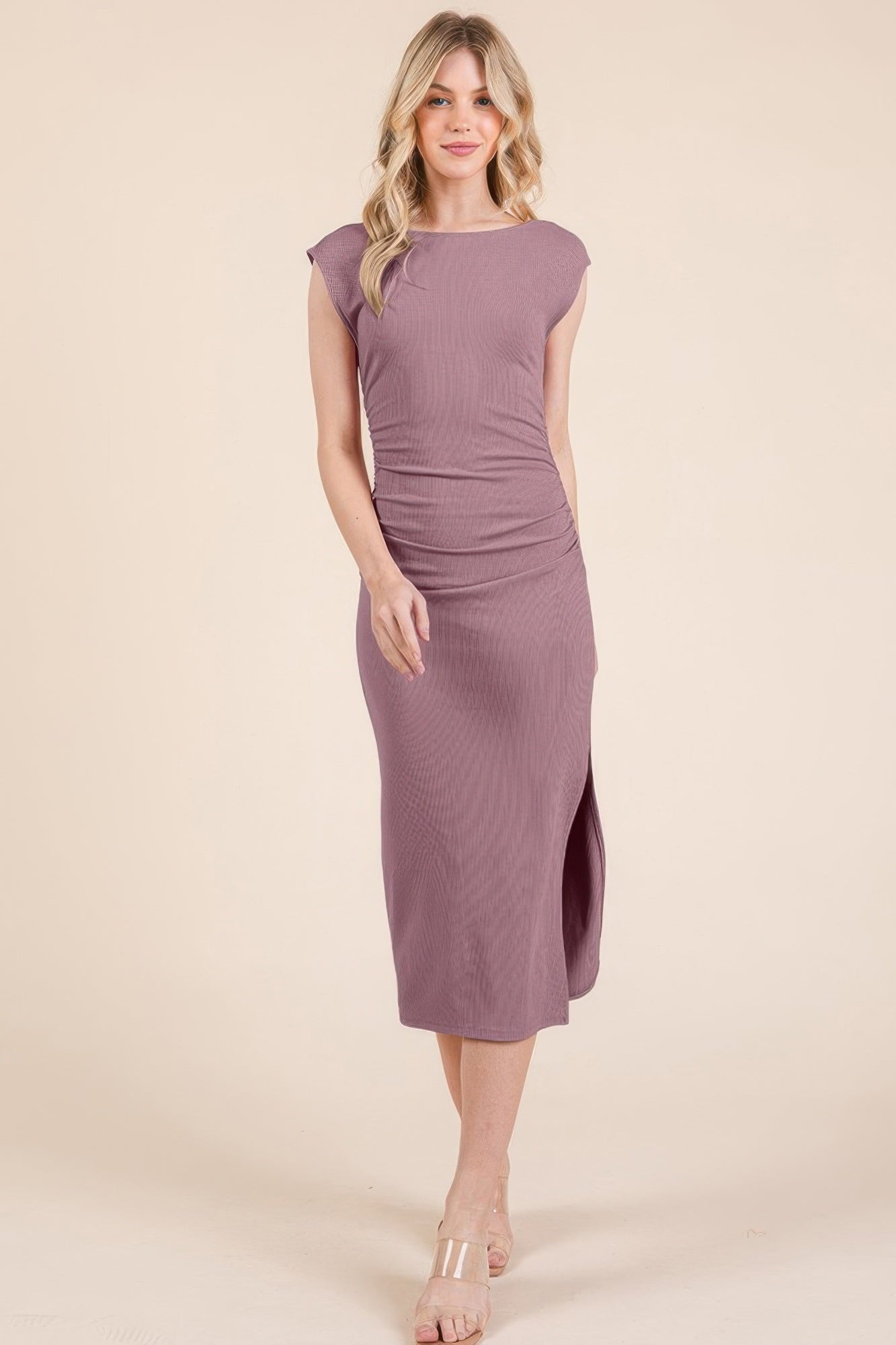 Smoke-rose cap-sleeve boatneck midi dress with open back and ruched waist