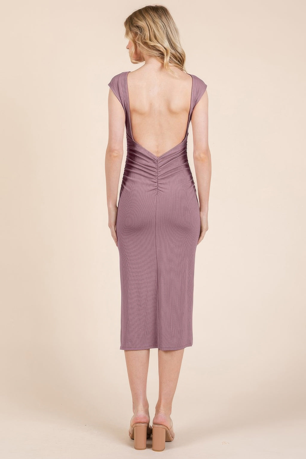 Smoke-rose open-back midi dress, back view with V-shaped cutout and cap sleeves
