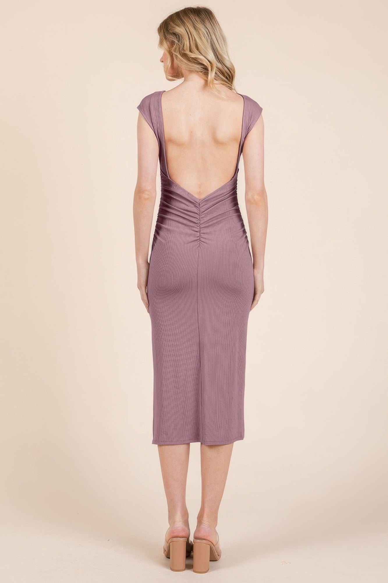 Smoke-rose open-back midi dress, back view with V-shaped cutout and cap sleeves