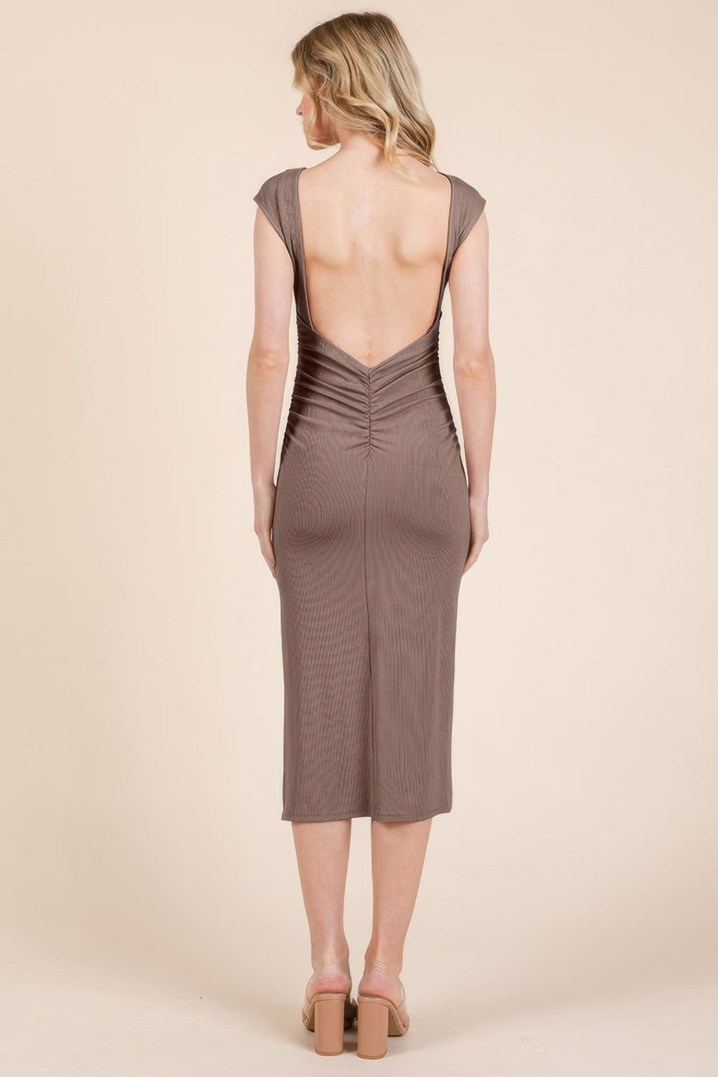 Light chocolate open-back midi dress, back view with V-shaped cutout and cap sleeves