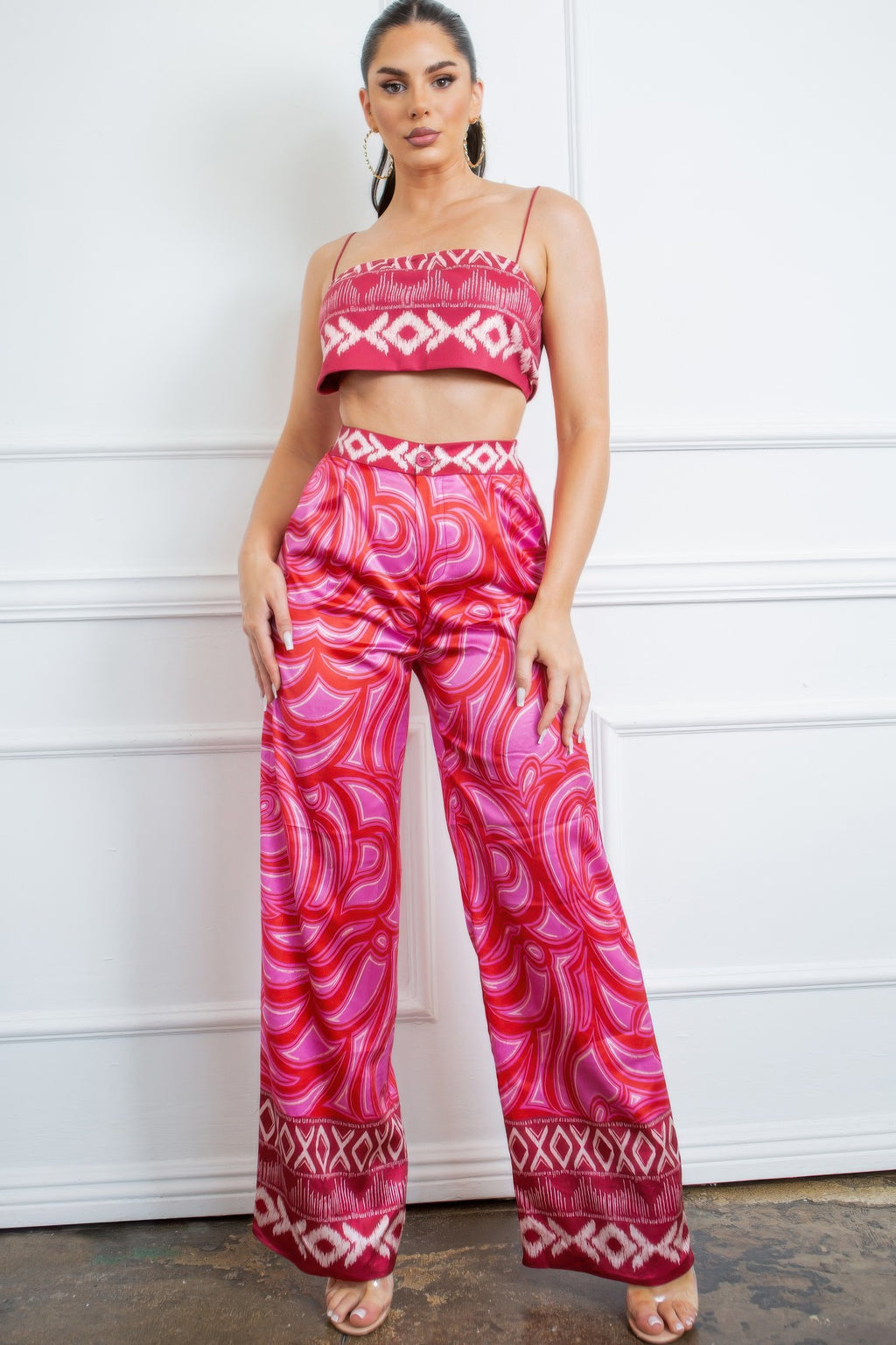 Pink printed bra top and wide-leg pants set with patterned trim