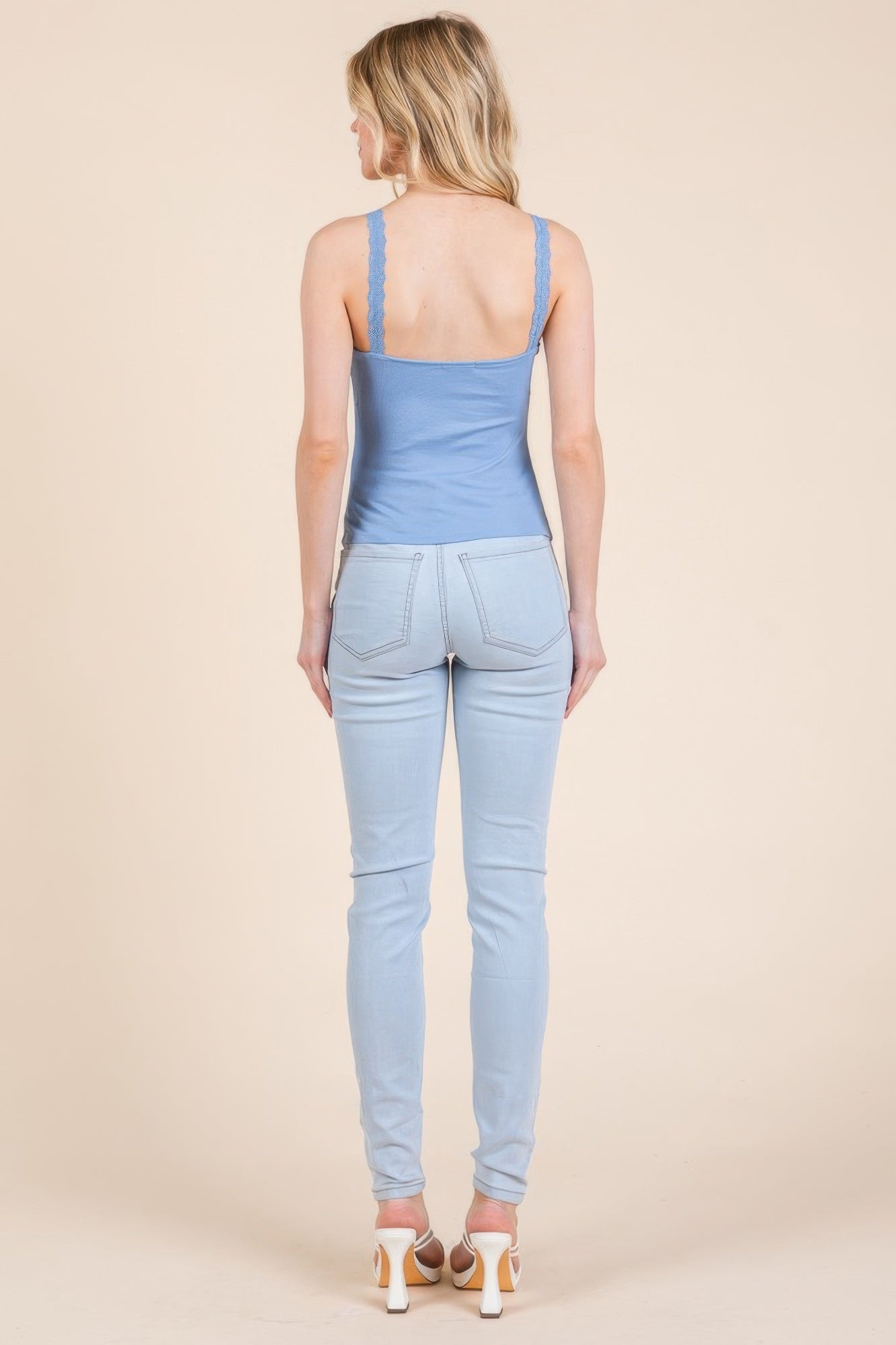 Haze Blue ribbed strap tank with lace back trim, back view