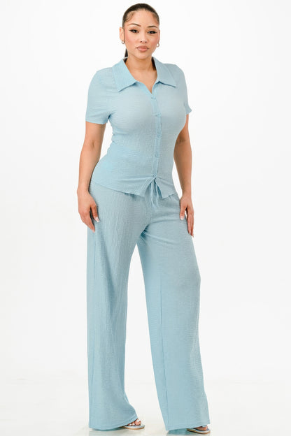 Blue Textured Polo Top And Pants Set | Tigbuls Variety Fashion