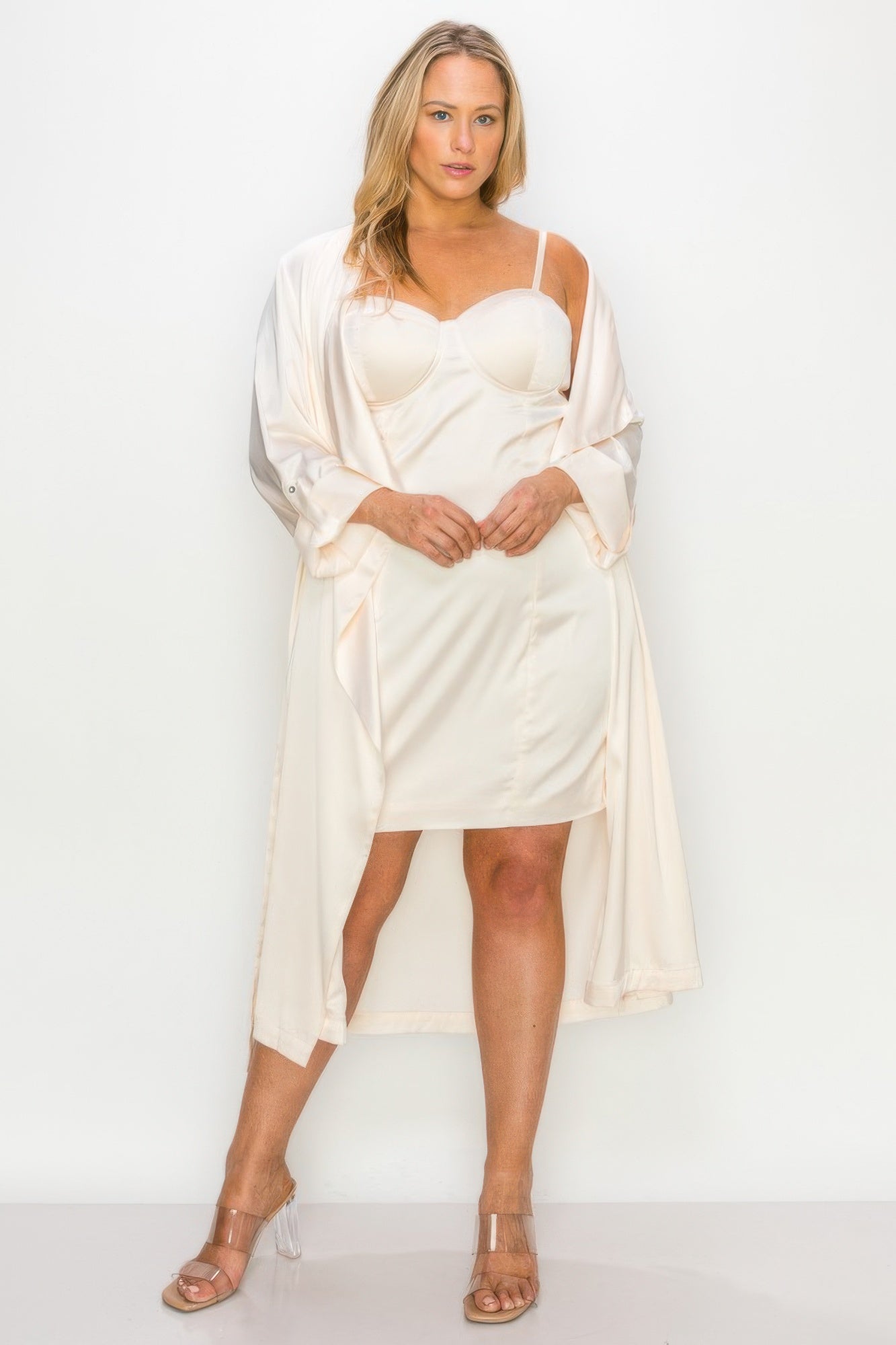 Satin strap dress set with self belt and matching coat in cream