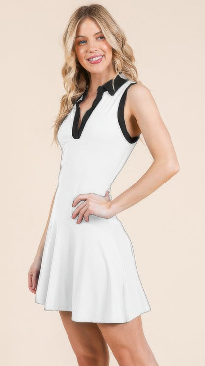Contrast Collar Drop Waist Tennis White Mini Dress - Tigbul's Variety Fashion Shop