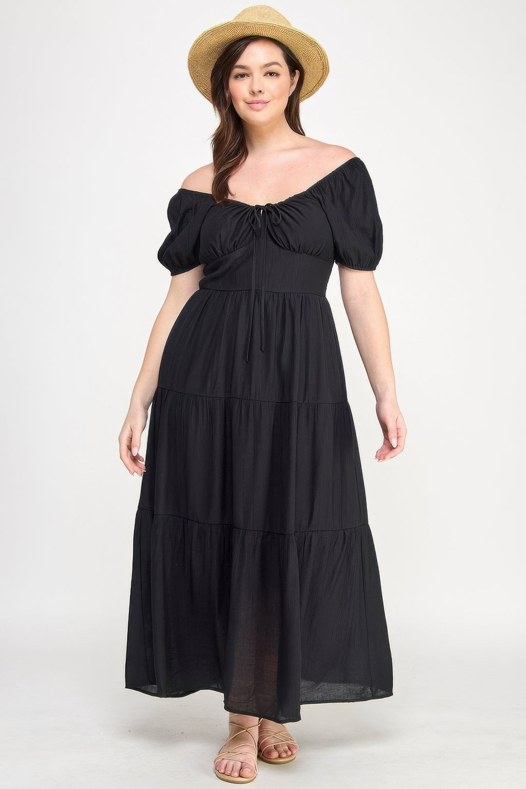 Front tie puff sleeve tiered maxi dress, black