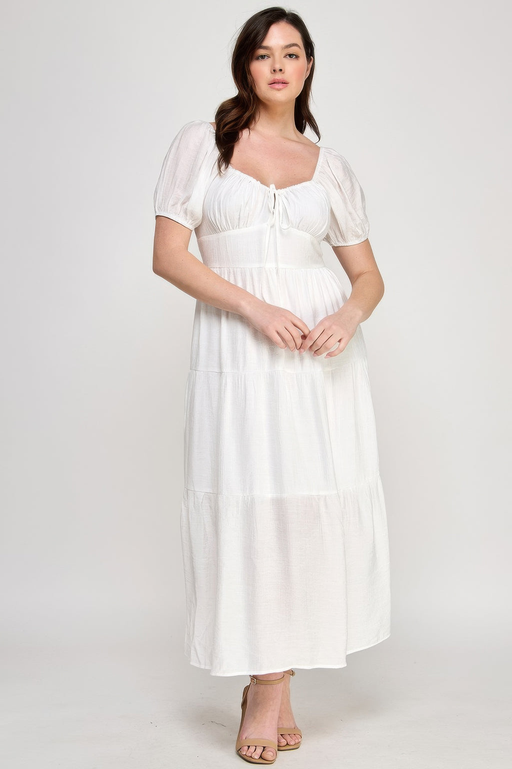 Side view puff sleeve tiered maxi dress with front tie detail, white