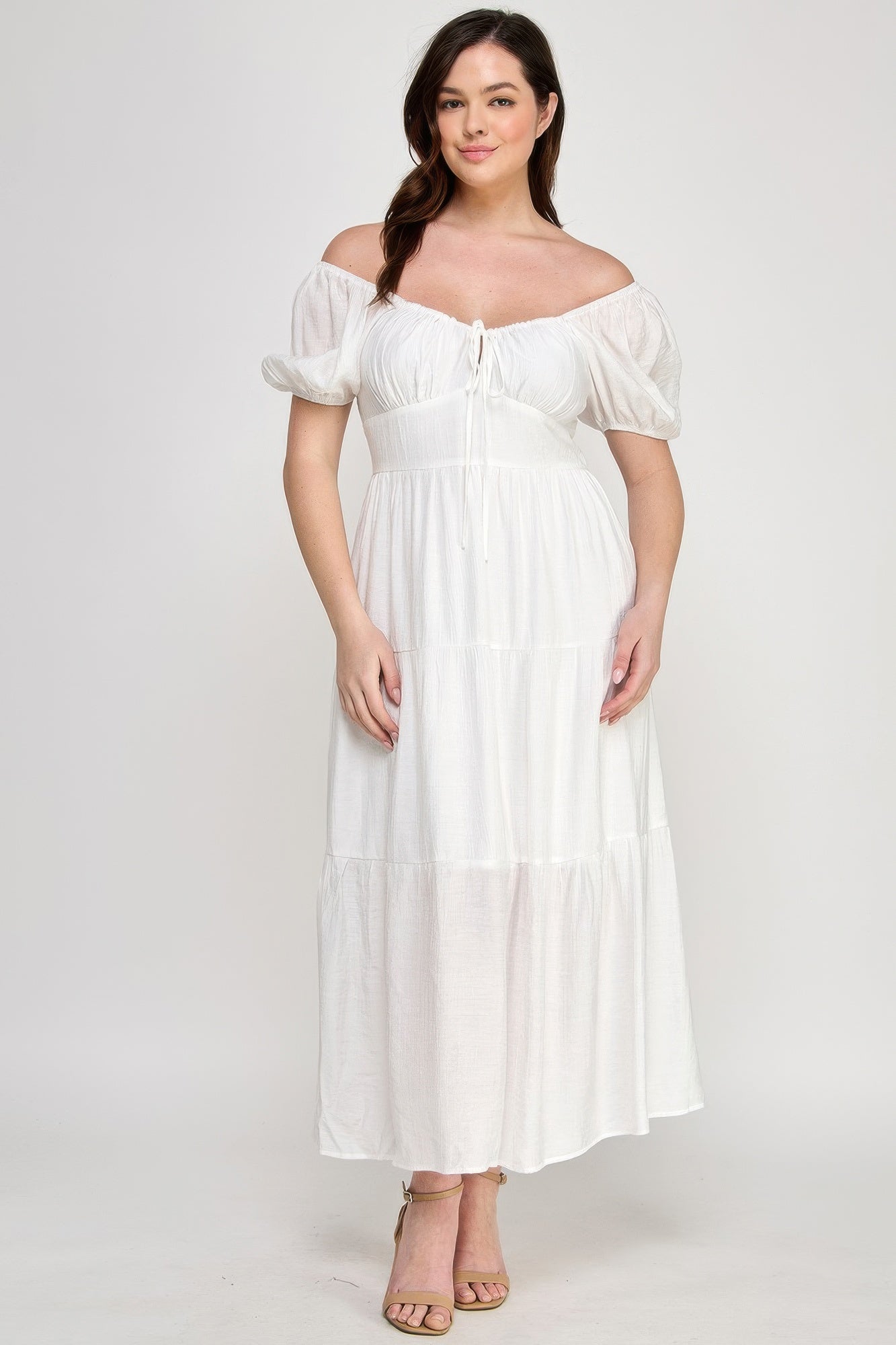 White front-tie puff sleeve maxi dress, gathered bodice and tiered skirt