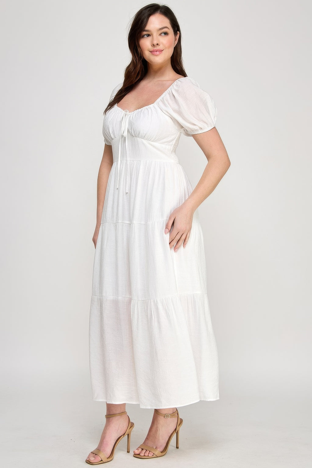 White puff sleeve maxi dress with front tie and layered tiers, square neckline