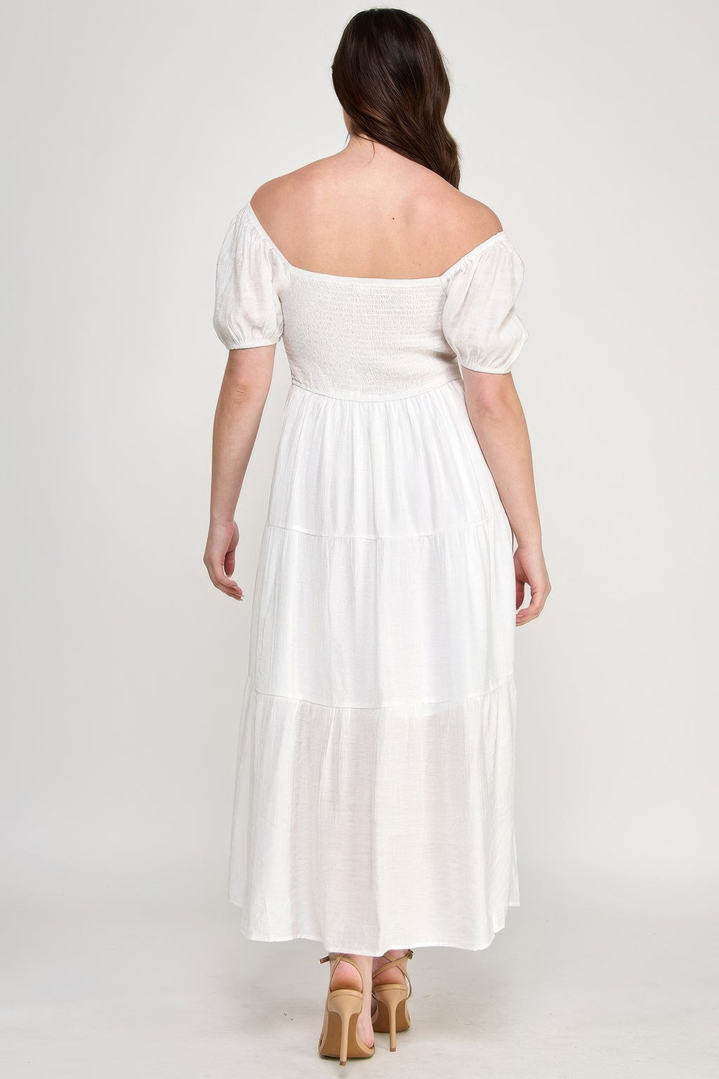 Back view: white tiered maxi dress with puff sleeves and square back