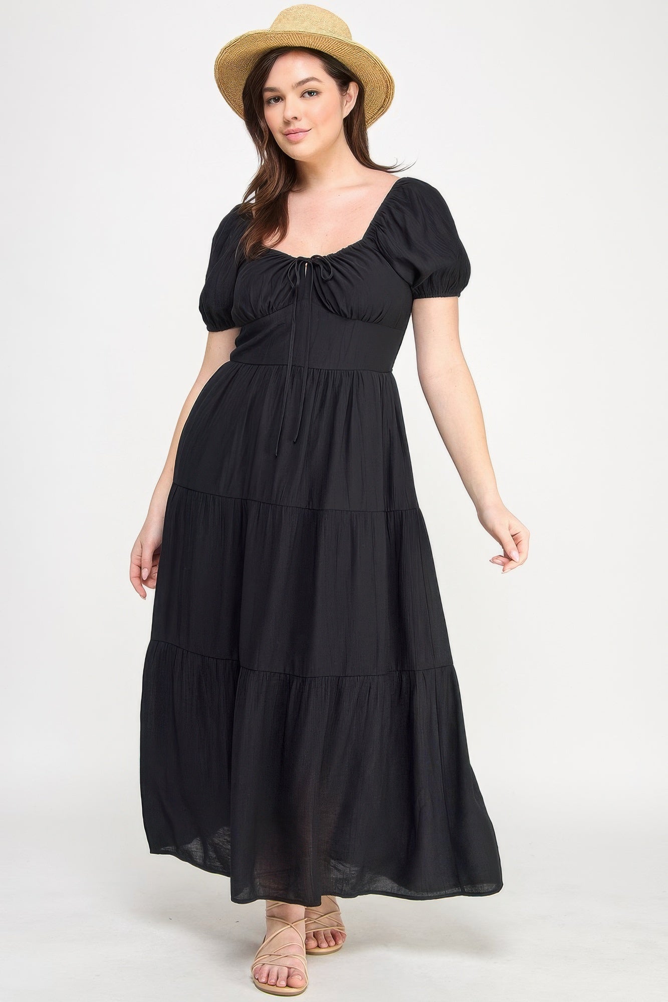 Side view puff sleeve tiered maxi dress with front tie detail, black