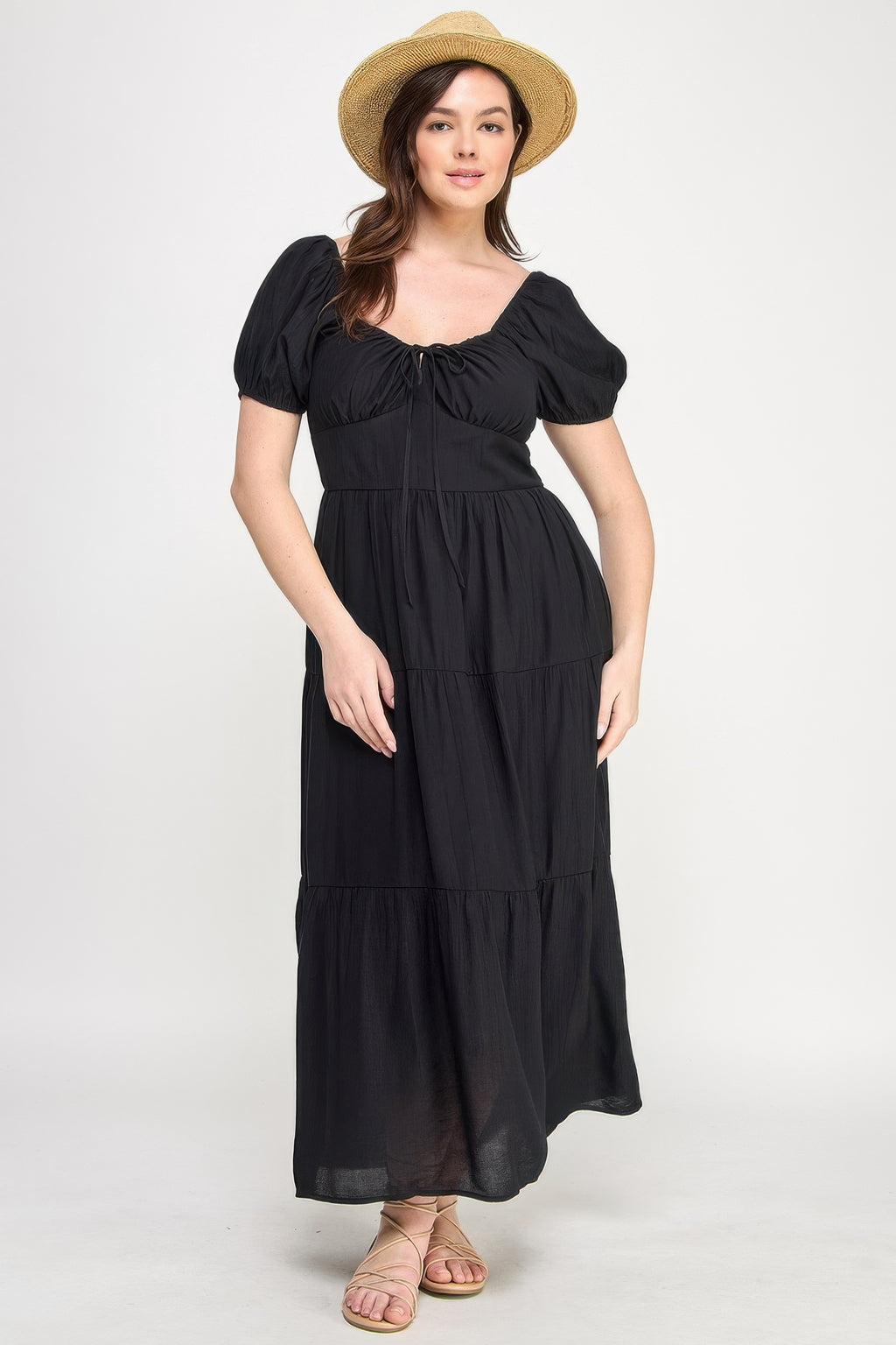 Tiered puff sleeve maxi dress with front tie at bust, black