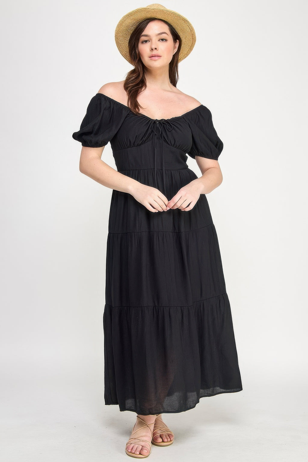 Front tie off-shoulder tiered maxi dress, black; puff sleeves and gathered waist