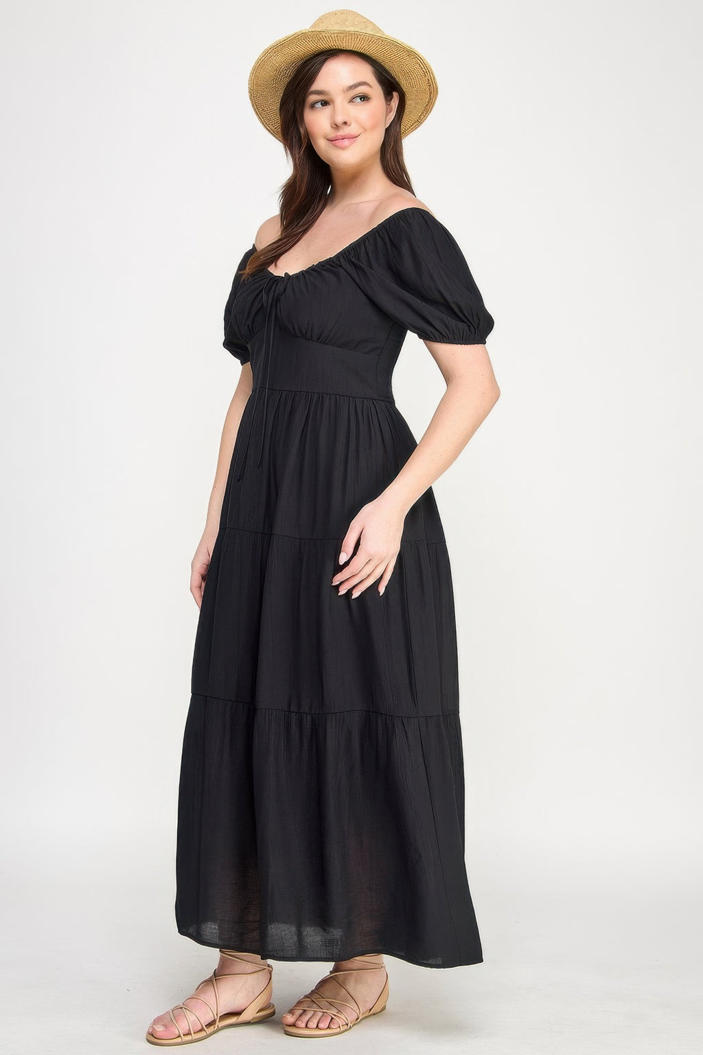 Three-quarter view tiered maxi dress with front tie detail, black