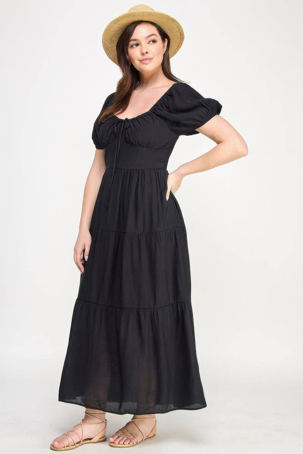 Puff sleeve tiered maxi dress with front tie detail, black; gathered neckline