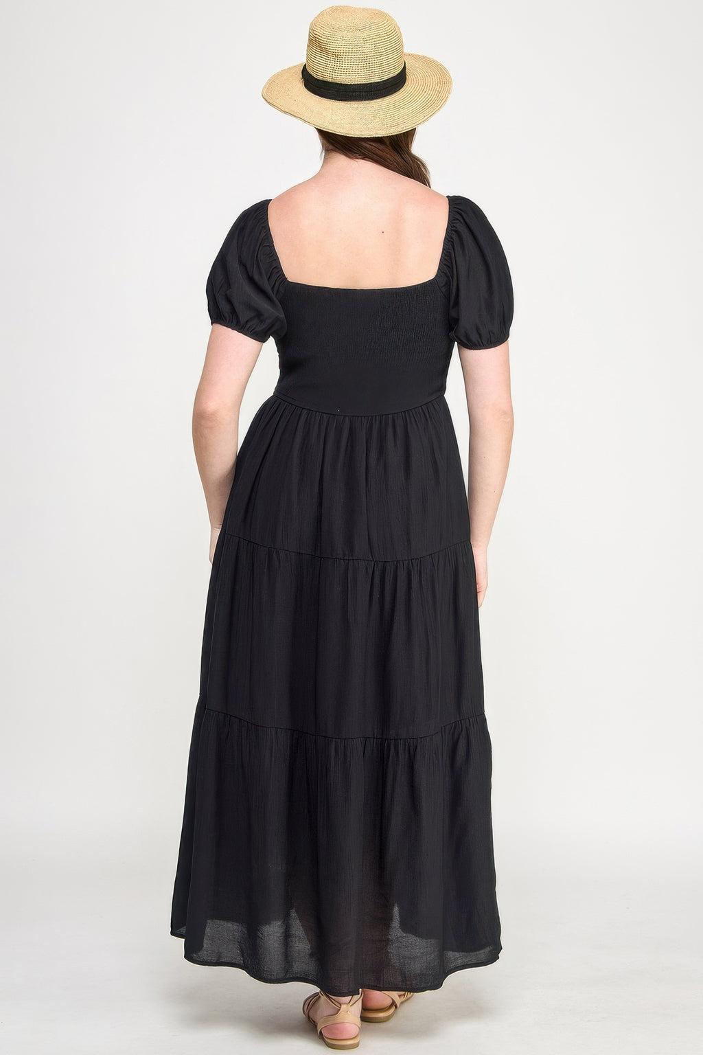Back view tiered maxi dress with puff sleeves, black