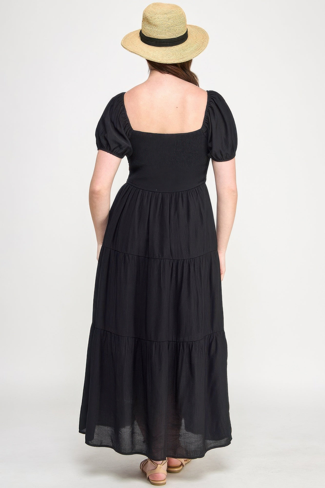 Back view tiered maxi dress with puff sleeves, black
