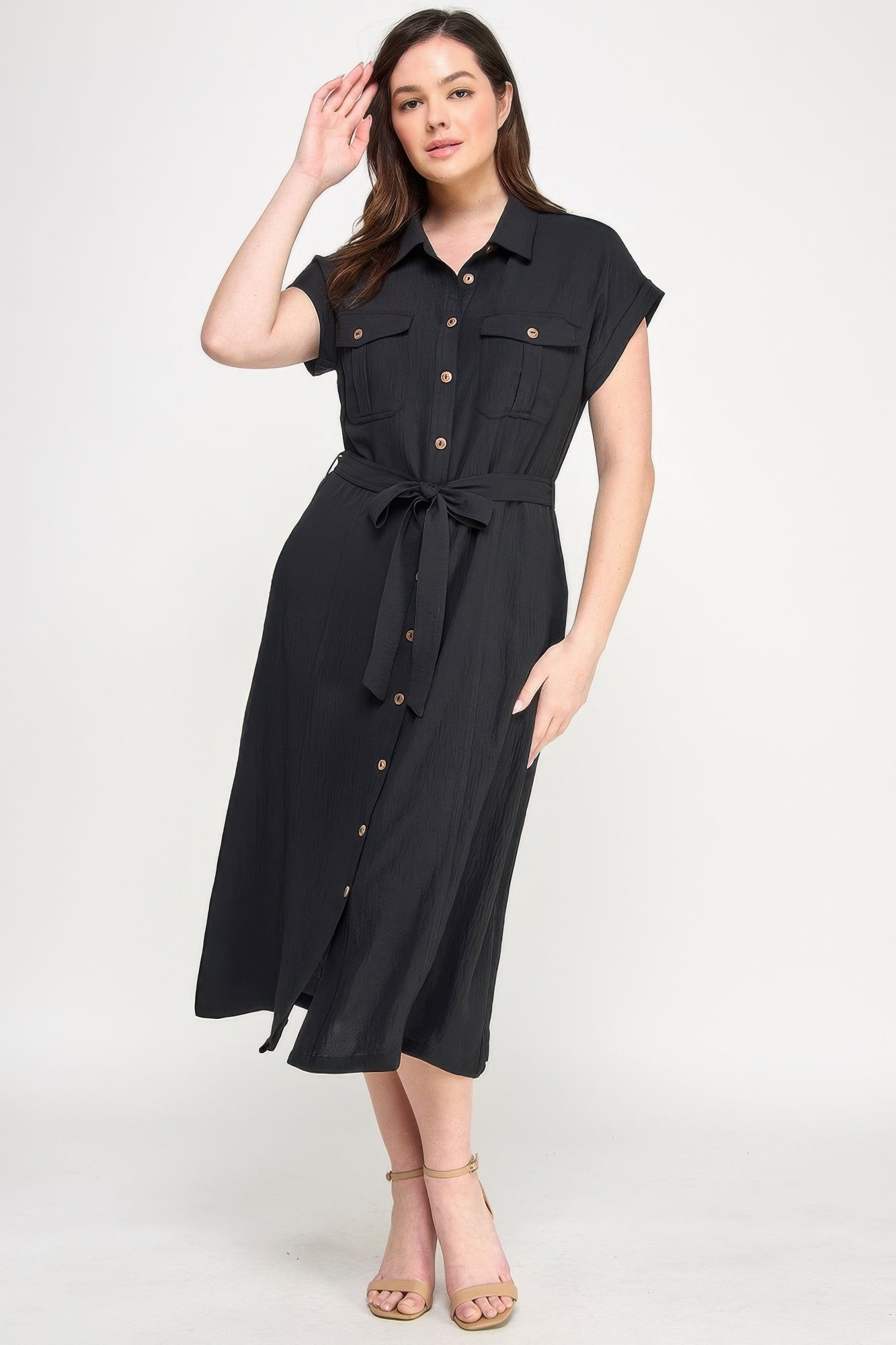 Front-tied button short-sleeve dress, black with waist tie and chest pockets