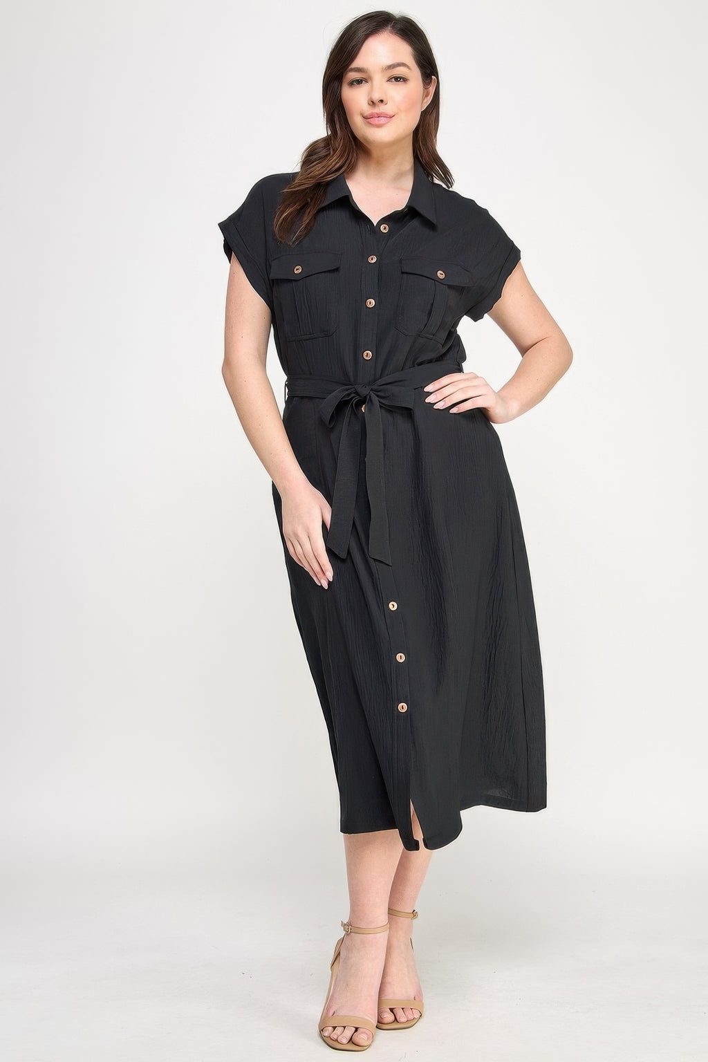 Black short-sleeve button dress with tied waist and chest patch pockets
