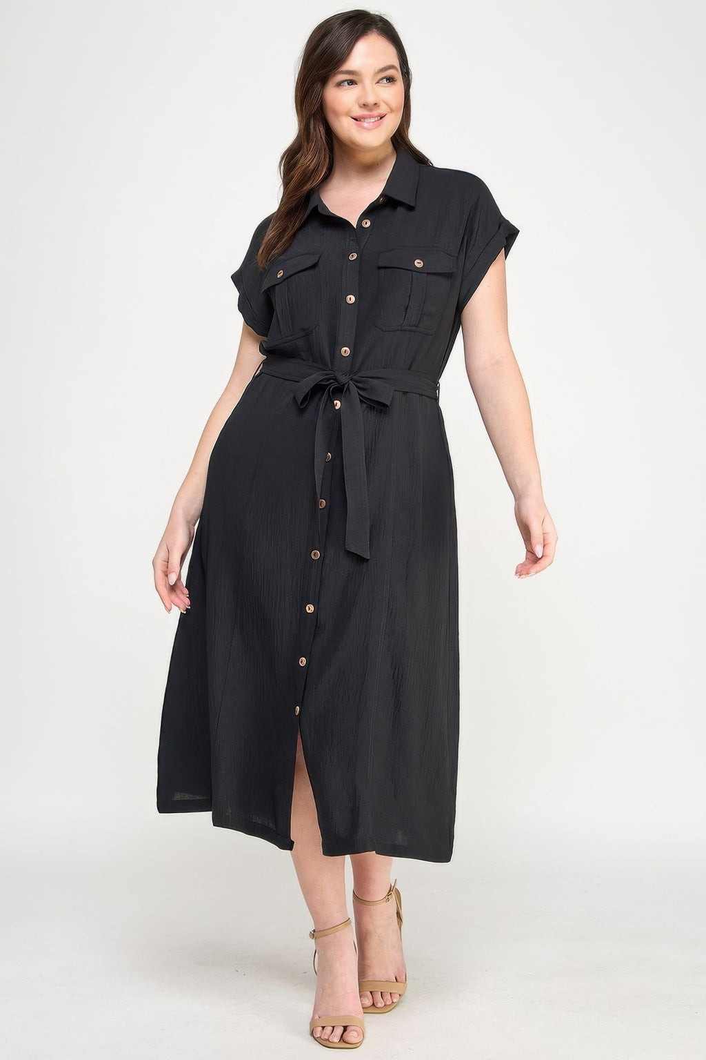 Black button-front short sleeve dress with waist tie at the center front