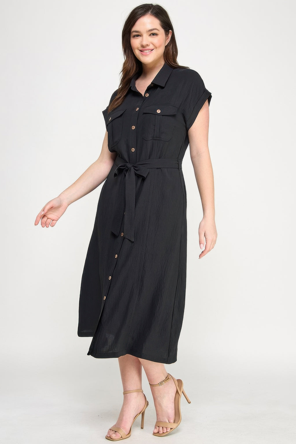 Button-front short sleeve dress with waist tie and flap chest pockets