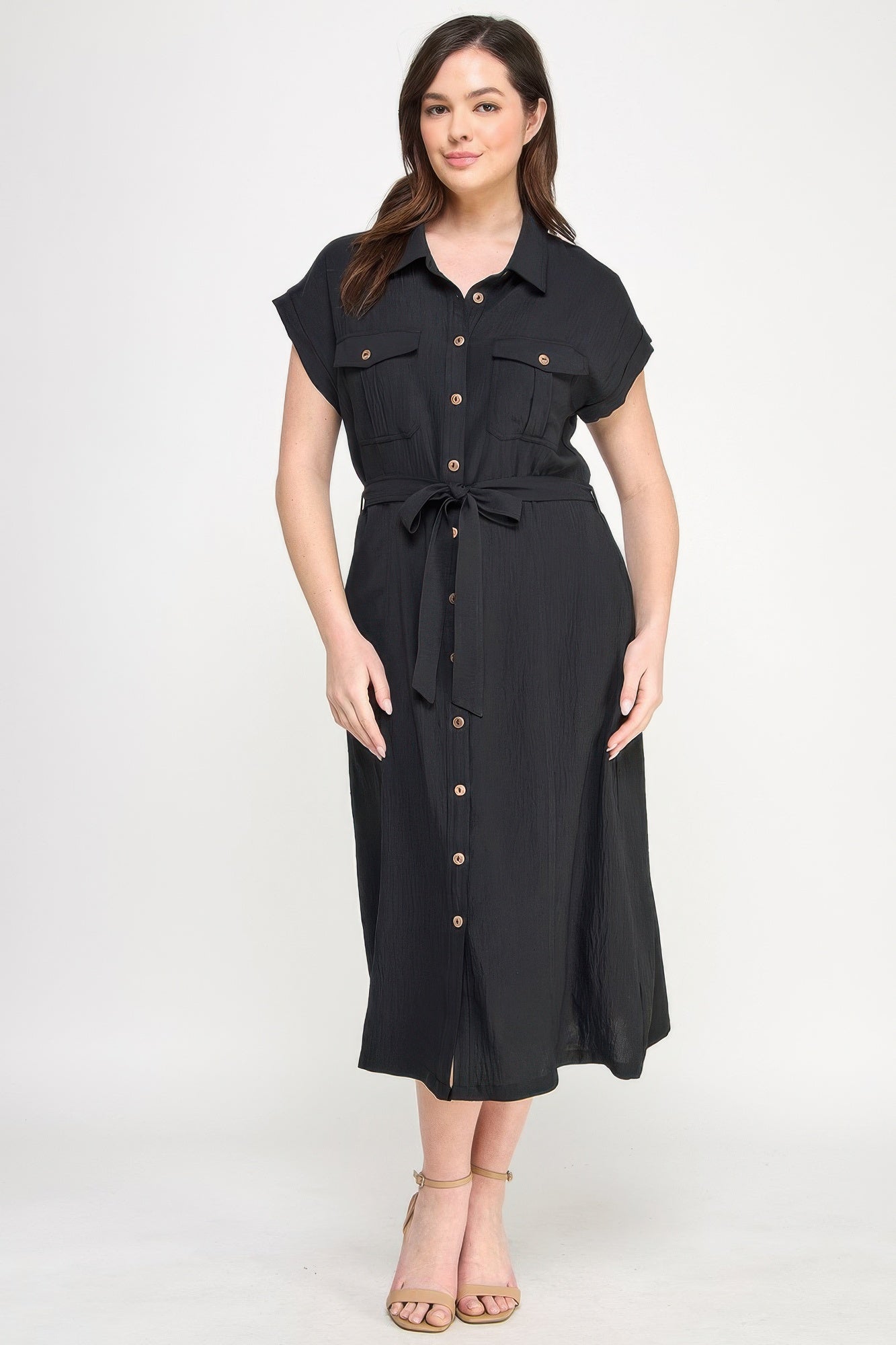 Black short-sleeve button dress with waist tie, chest pockets, midi length