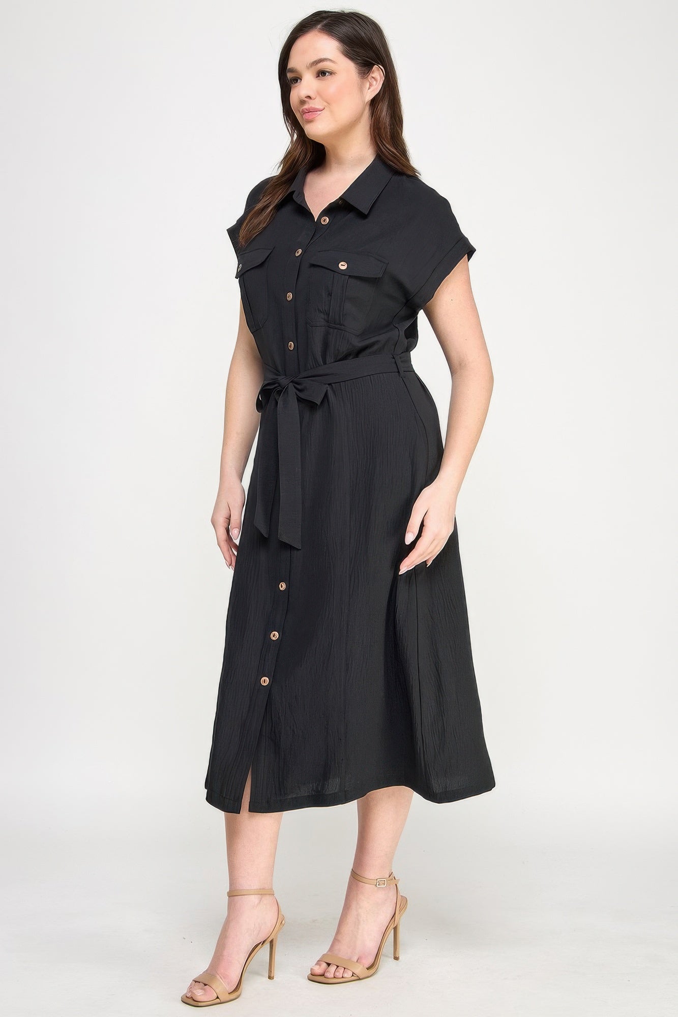 Black midi button-front dress with waist tie, short sleeves, patch pockets