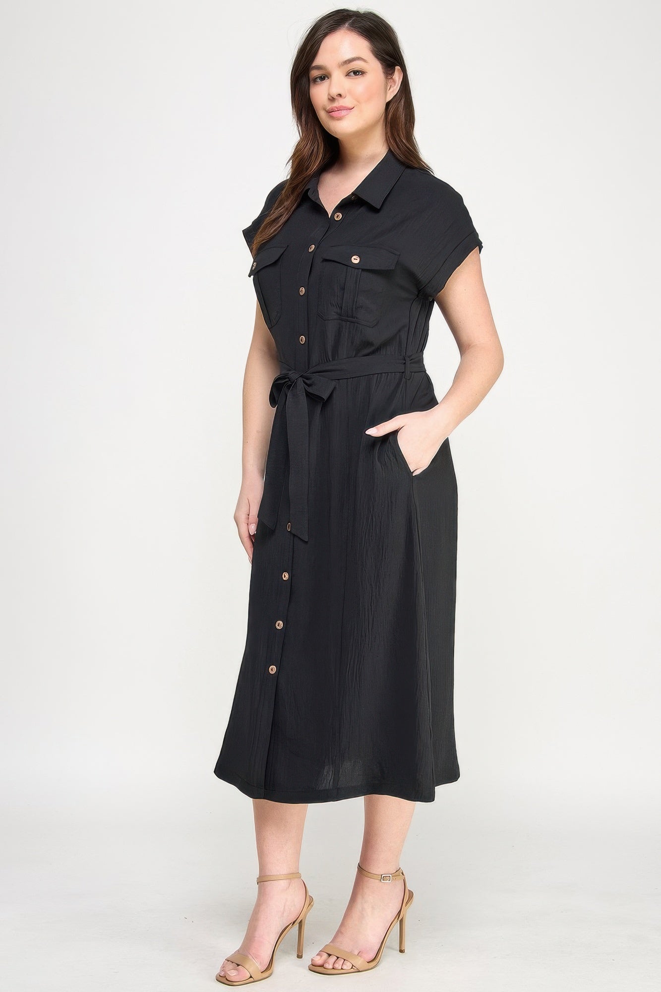 Black short-sleeve button dress with front placket and waist tie