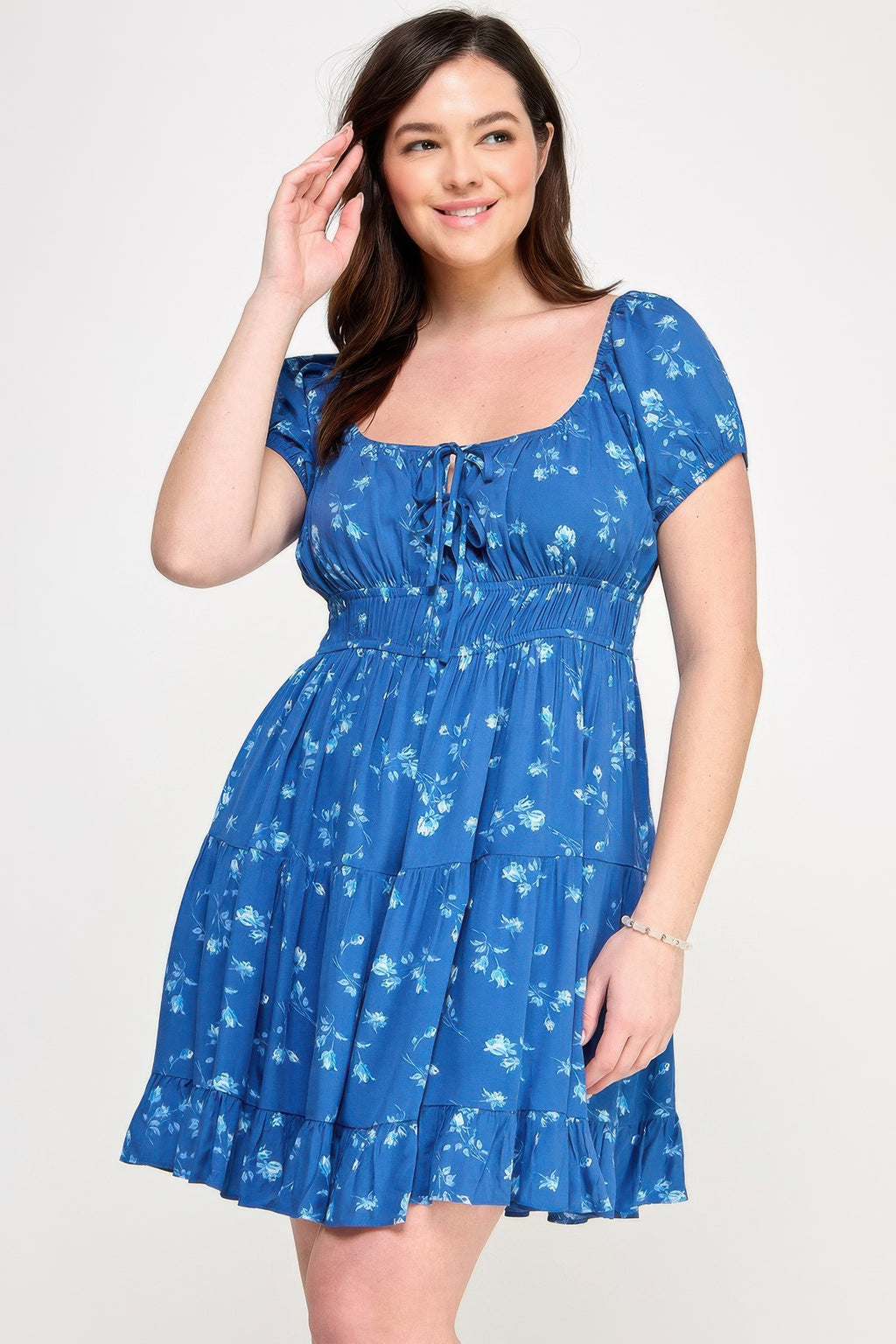 Floral front-tie ruffle dress with elastic waist, blue with small white flowers