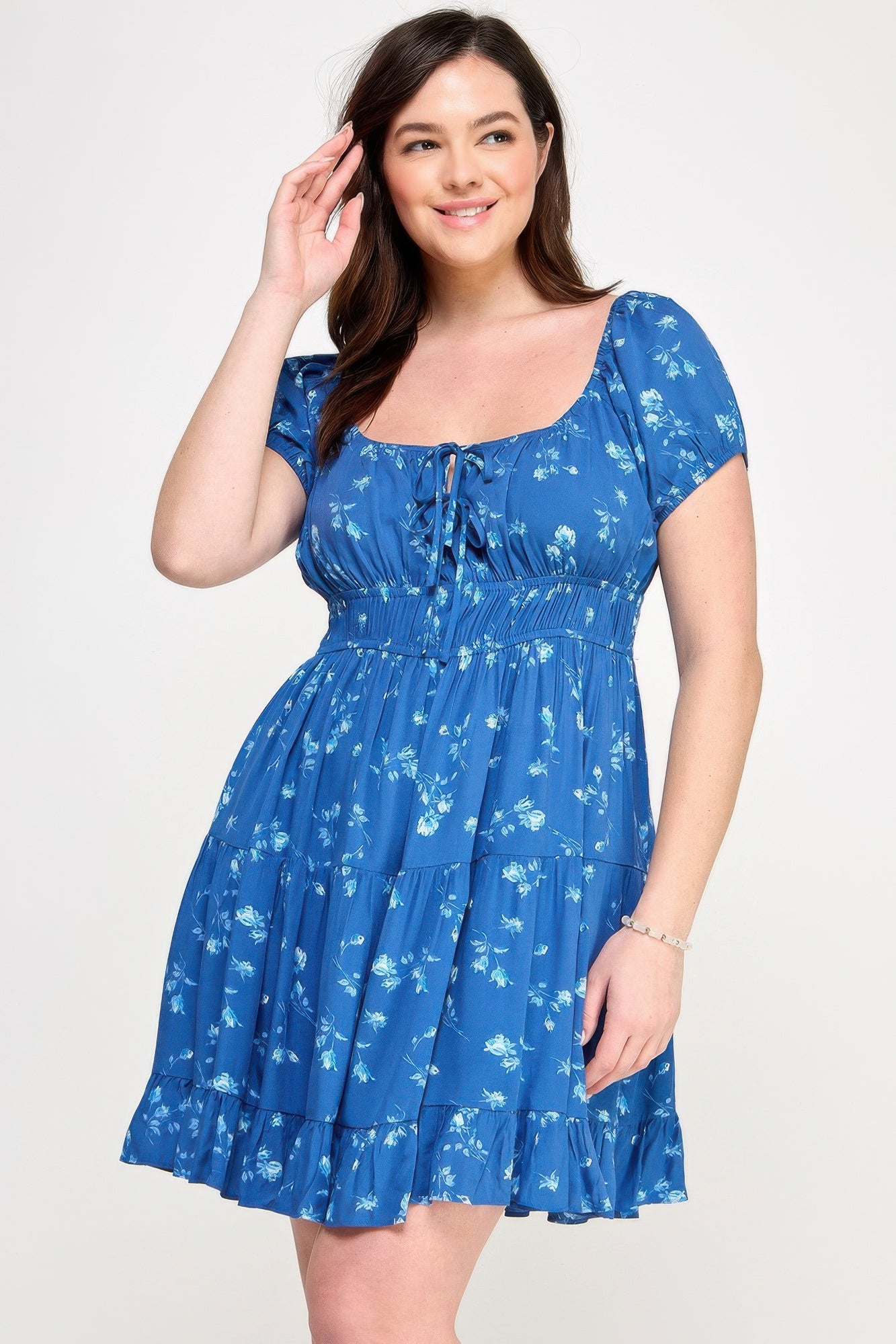 Floral front-tie ruffle dress with elastic waist, blue with small white flowers