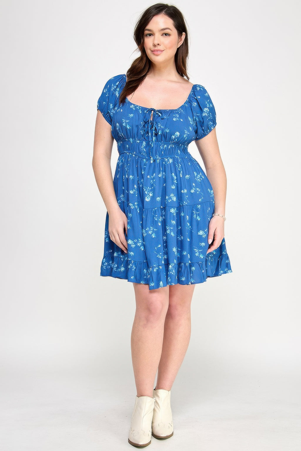 Floral ruffle mini dress, elastic waist and front tie at square neckline, blue/white