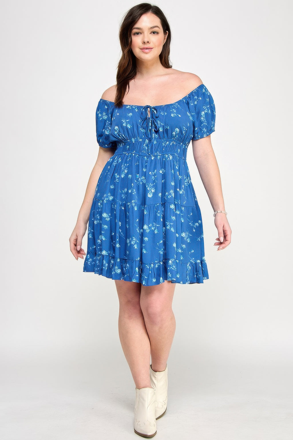 Floral front-tie ruffle dress with puff sleeves and tiered skirt, blue with light flowers