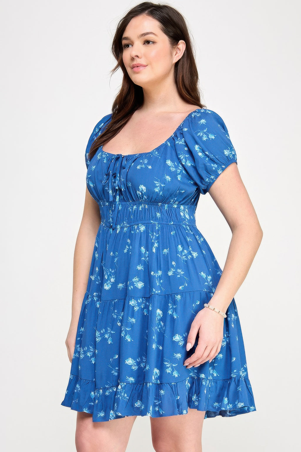 Floral ruffle mini dress with front tie, elastic waist, and tiered hem, blue/white