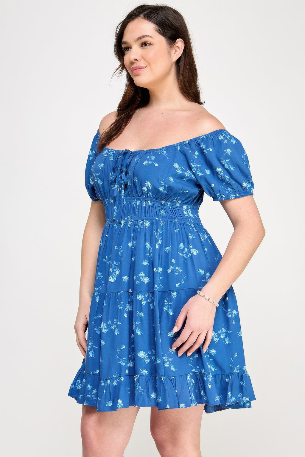 Floral front-tie ruffle dress, blue with small white blossoms, elastic waist tiered skirt