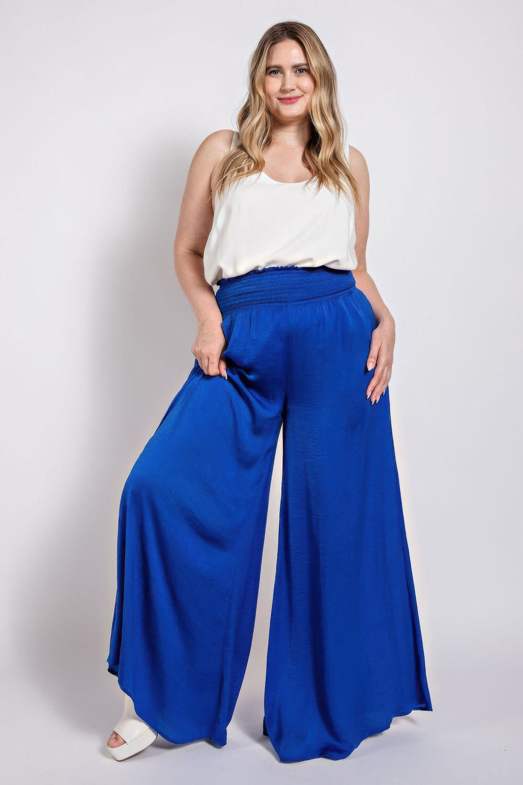 Royal blue washed satin wide-leg pants with elastic smocked waistband