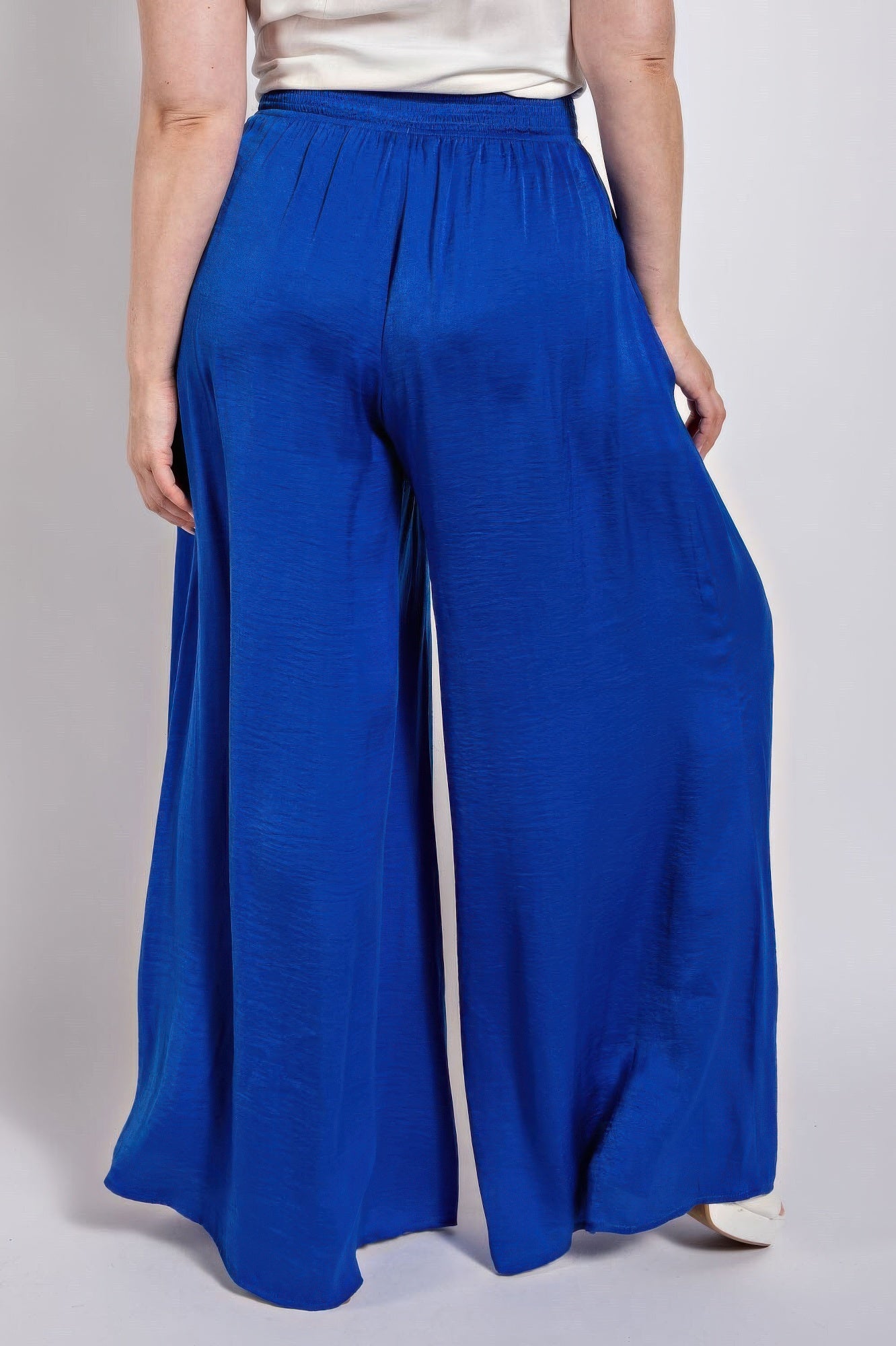 Royal blue washed satin wide pants, smocked waist, relaxed wide-leg fit