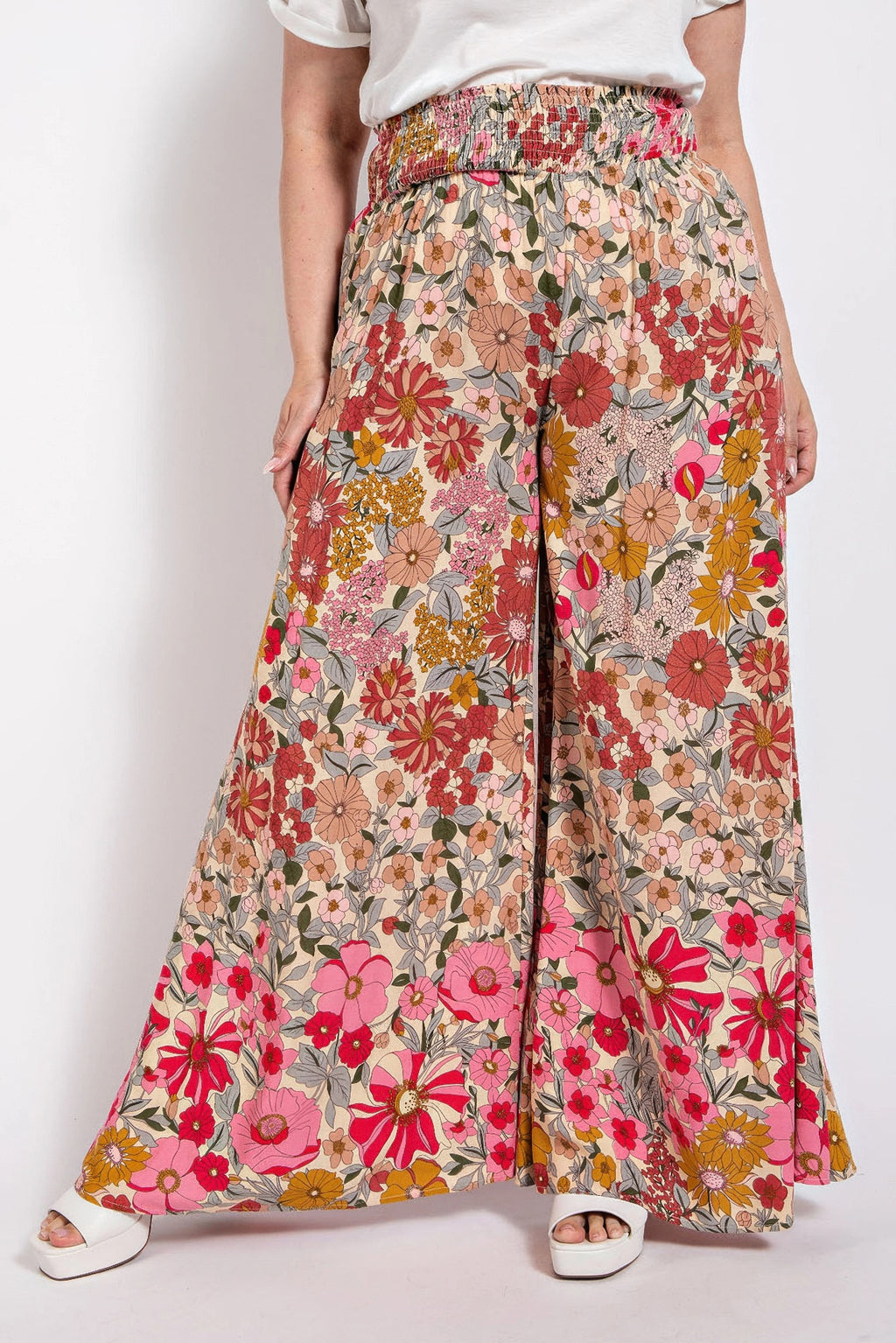 Multicolor floral wide-leg pants, smocked waistband, side pockets